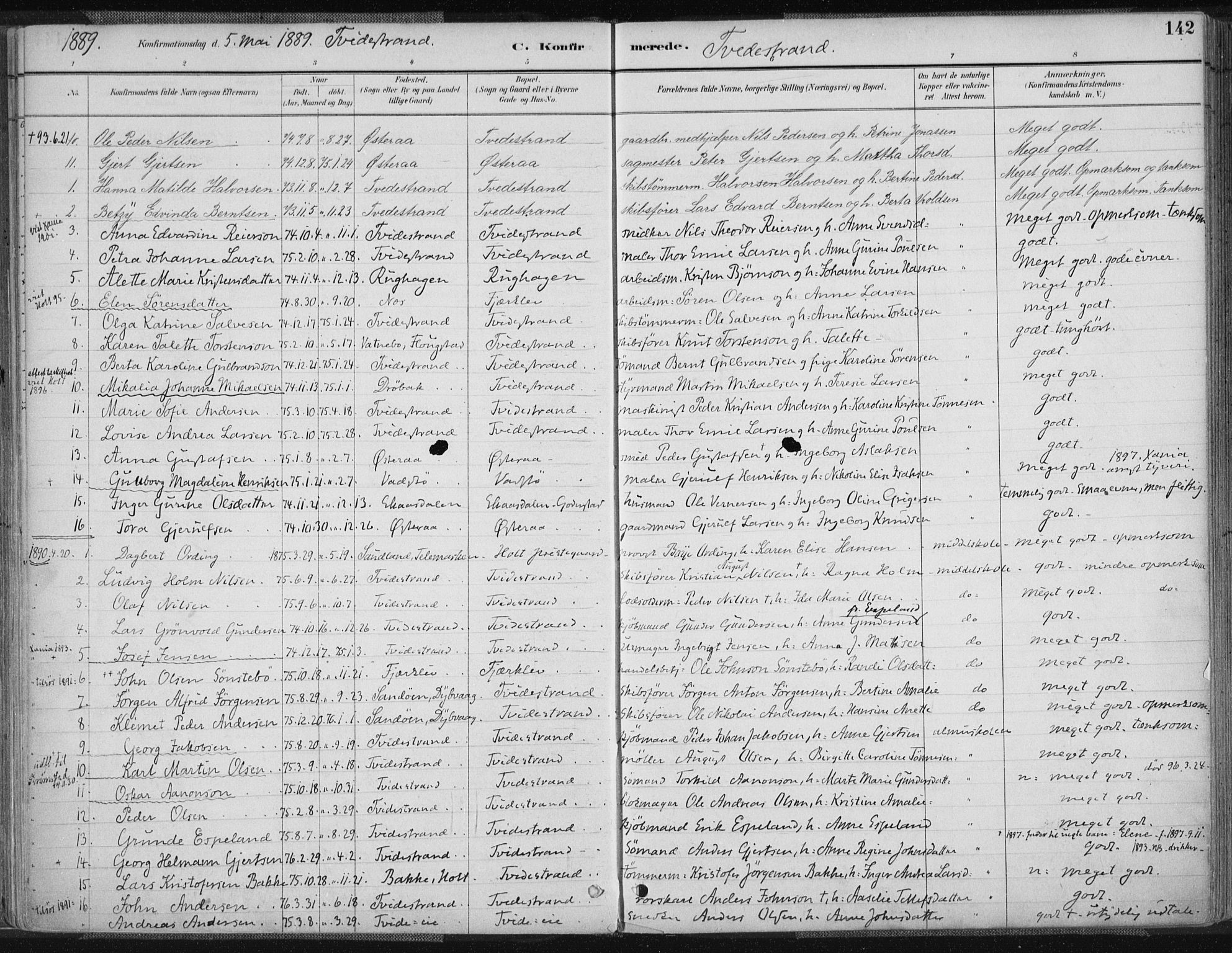 Tvedestrand sokneprestkontor, AV/SAK-1111-0042/F/Fa/L0001: Parish register (official) no. A 1, 1885-1916, p. 142