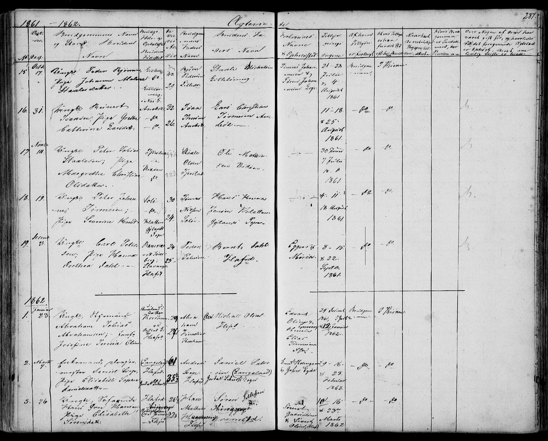 Flekkefjord sokneprestkontor, SAK/1111-0012/F/Fb/Fbc/L0005: Parish register (copy) no. B 5, 1846-1866, p. 287