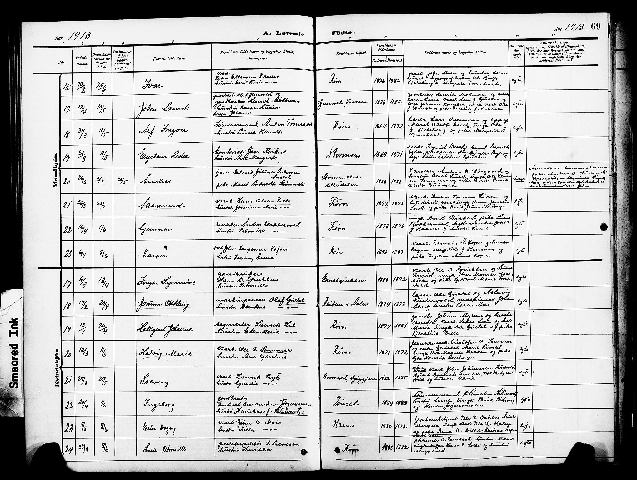 Ministerialprotokoller, klokkerbøker og fødselsregistre - Sør-Trøndelag, AV/SAT-A-1456/681/L0942: Parish register (copy) no. 681C06, 1906-1925, p. 69