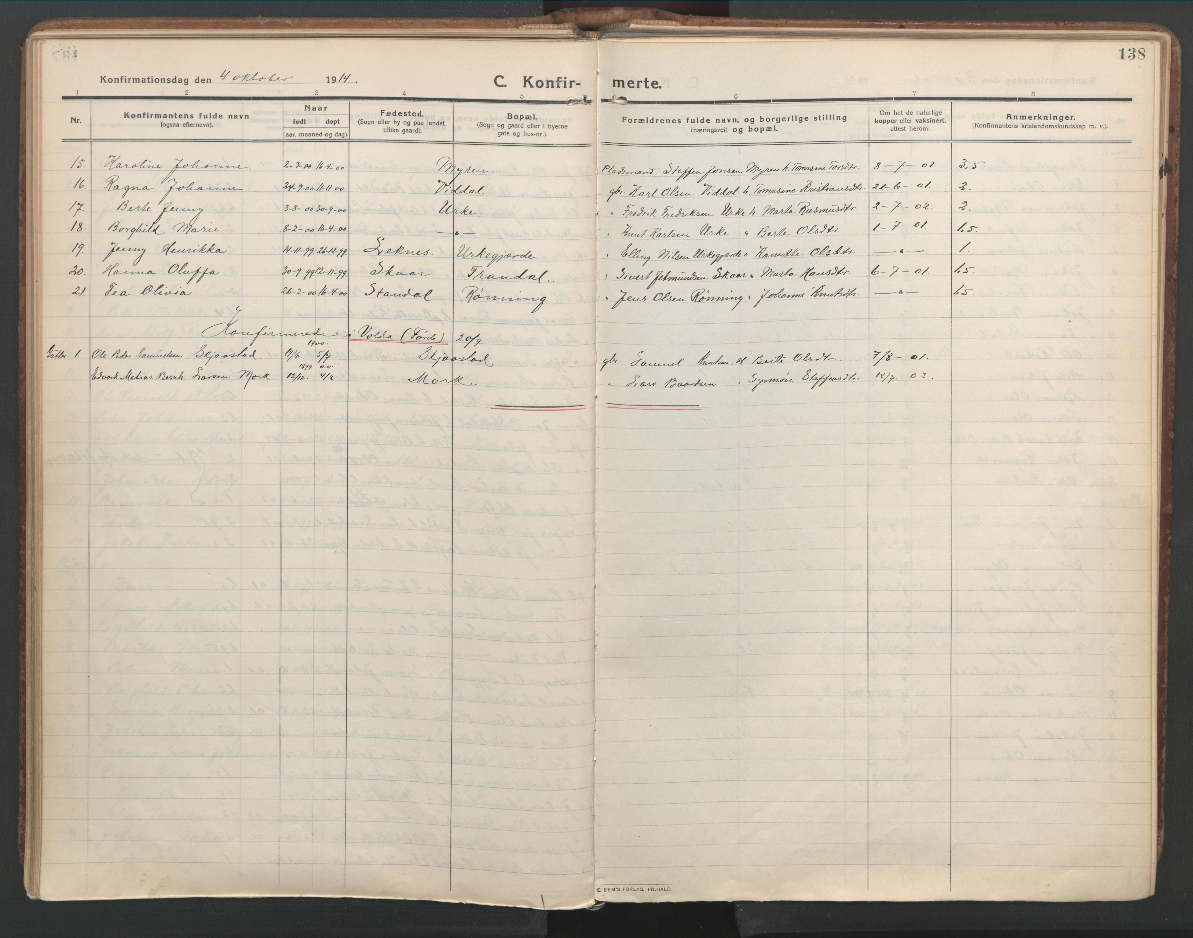 Ministerialprotokoller, klokkerbøker og fødselsregistre - Møre og Romsdal, AV/SAT-A-1454/515/L0212: Parish register (official) no. 515A08, 1911-1935, p. 138