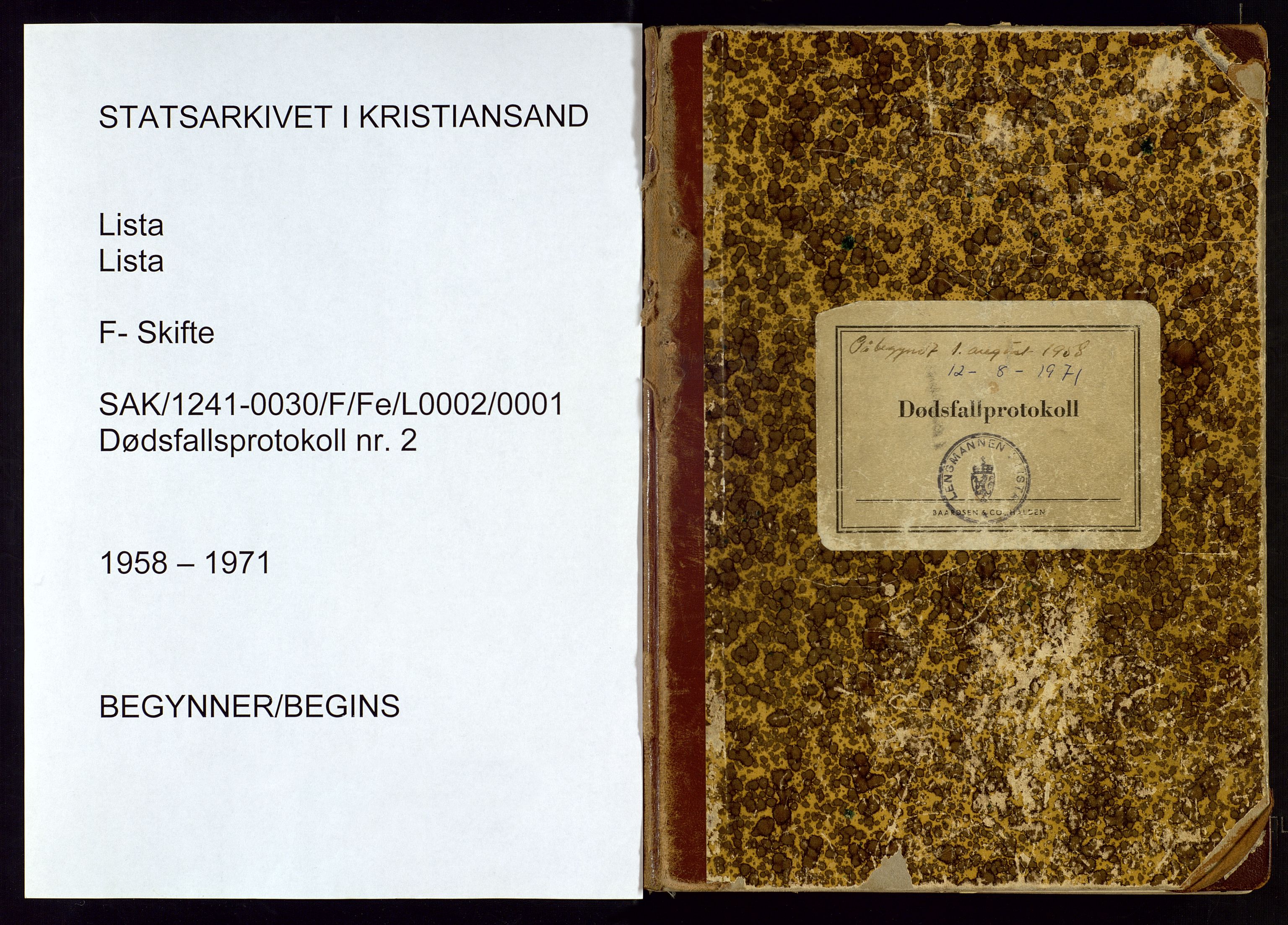 Lista lensmannskontor, SAK/1241-0030/F/Fe/L0002/0001: Dødsfallsprotokoller nr 13 / Dødsfallsprotokoll, 1958-1971