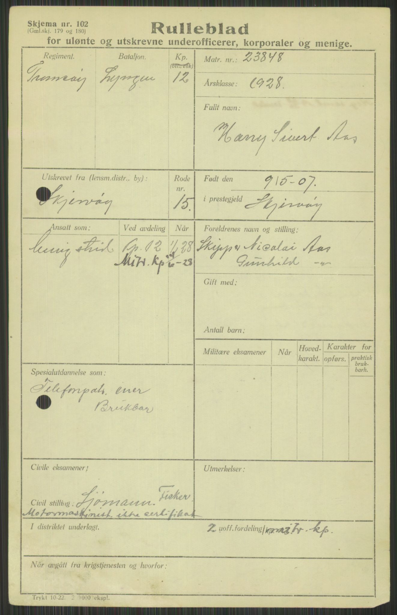 Forsvaret, Troms infanteriregiment nr. 16, AV/RA-RAFA-3146/P/Pa/L0013/0003: Rulleblad / Rulleblad for regimentets menige mannskaper, årsklasse 1928, 1928, p. 5