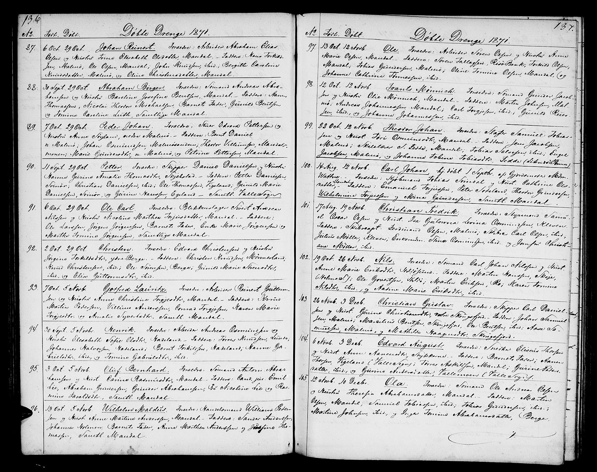 Mandal sokneprestkontor, AV/SAK-1111-0030/F/Fb/Fba/L0009: Parish register (copy) no. B 3, 1867-1877, p. 136-137