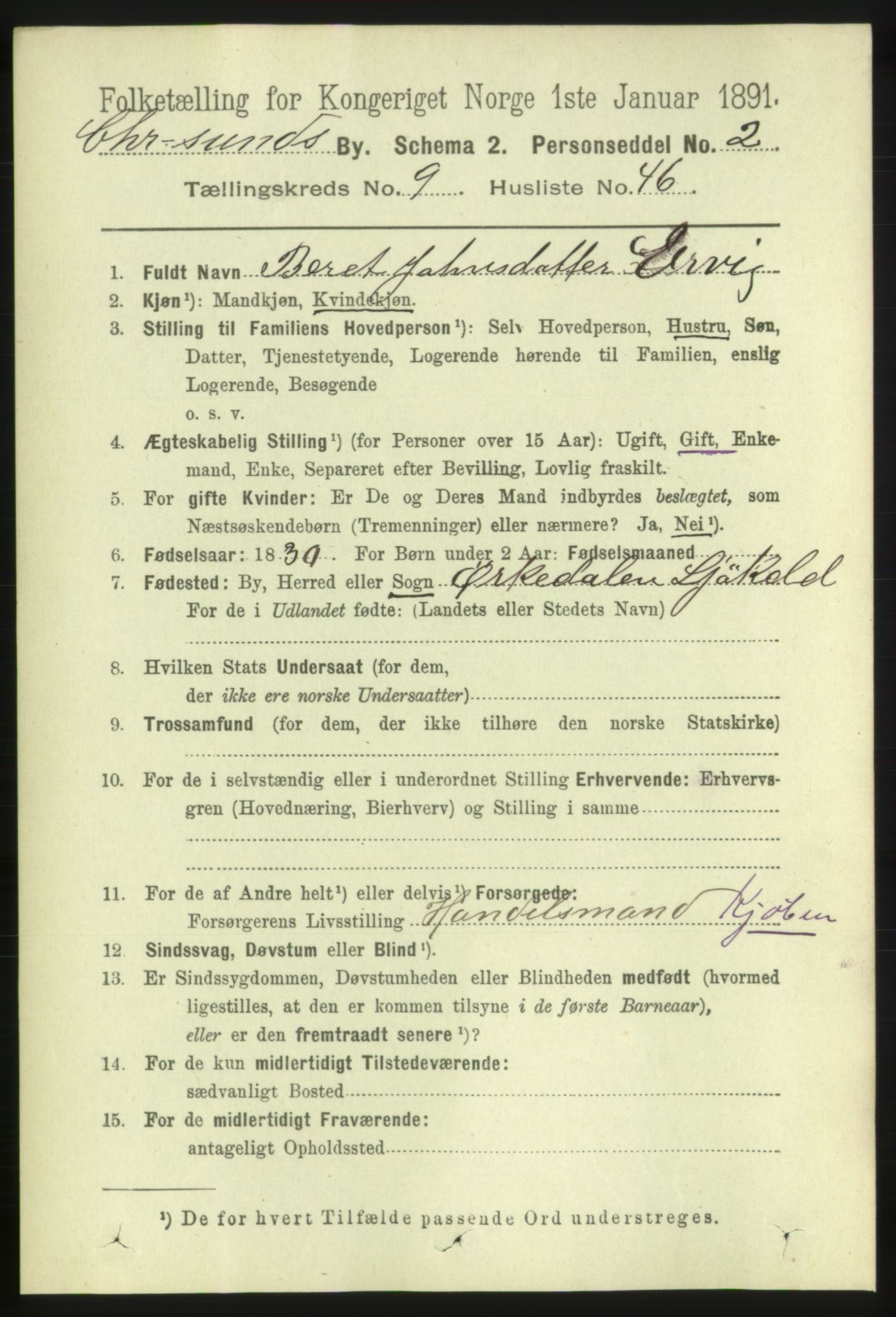 RA, 1891 census for 1503 Kristiansund, 1891, p. 7598