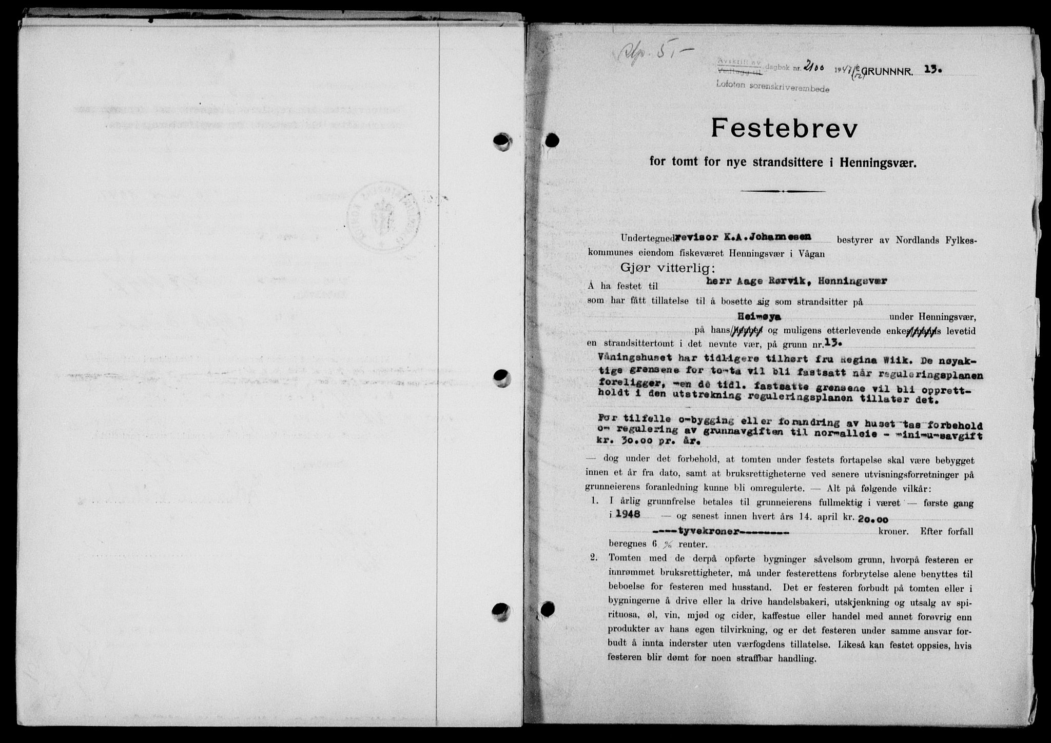 Lofoten sorenskriveri, SAT/A-0017/1/2/2C/L0017a: Mortgage book no. 17a, 1947-1948, Diary no: : 2100/1947
