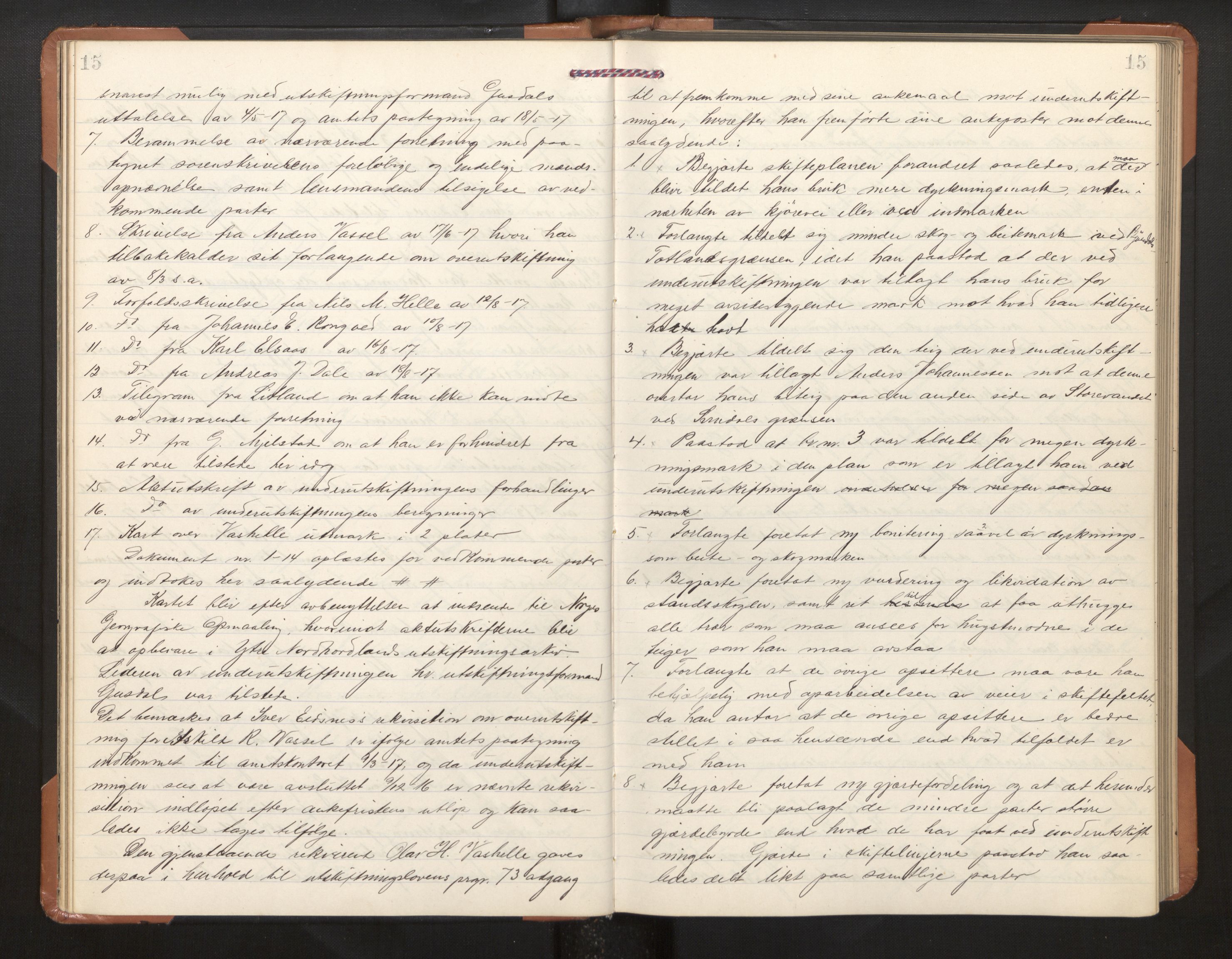 Hordaland jordskiftedøme - II Ytre Nordhordland jordskiftedistrikt, AV/SAB-A-6901/A/Aa/L0030: Forhandlingsprotokoll, 1917-1919, p. 15