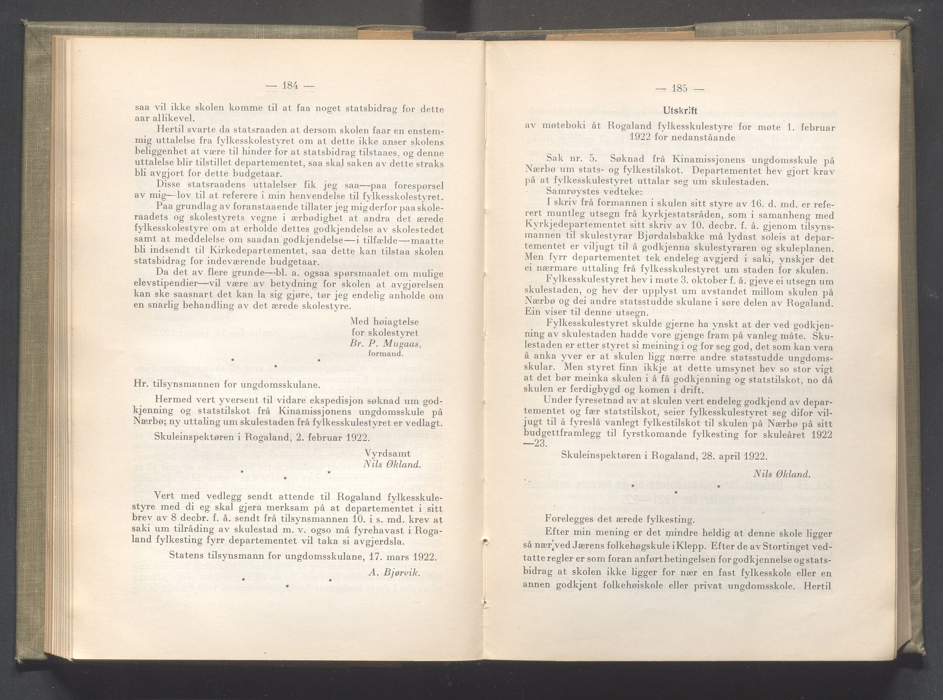 Rogaland fylkeskommune - Fylkesrådmannen , IKAR/A-900/A/Aa/Aaa/L0041: Møtebok , 1922, p. 184-185