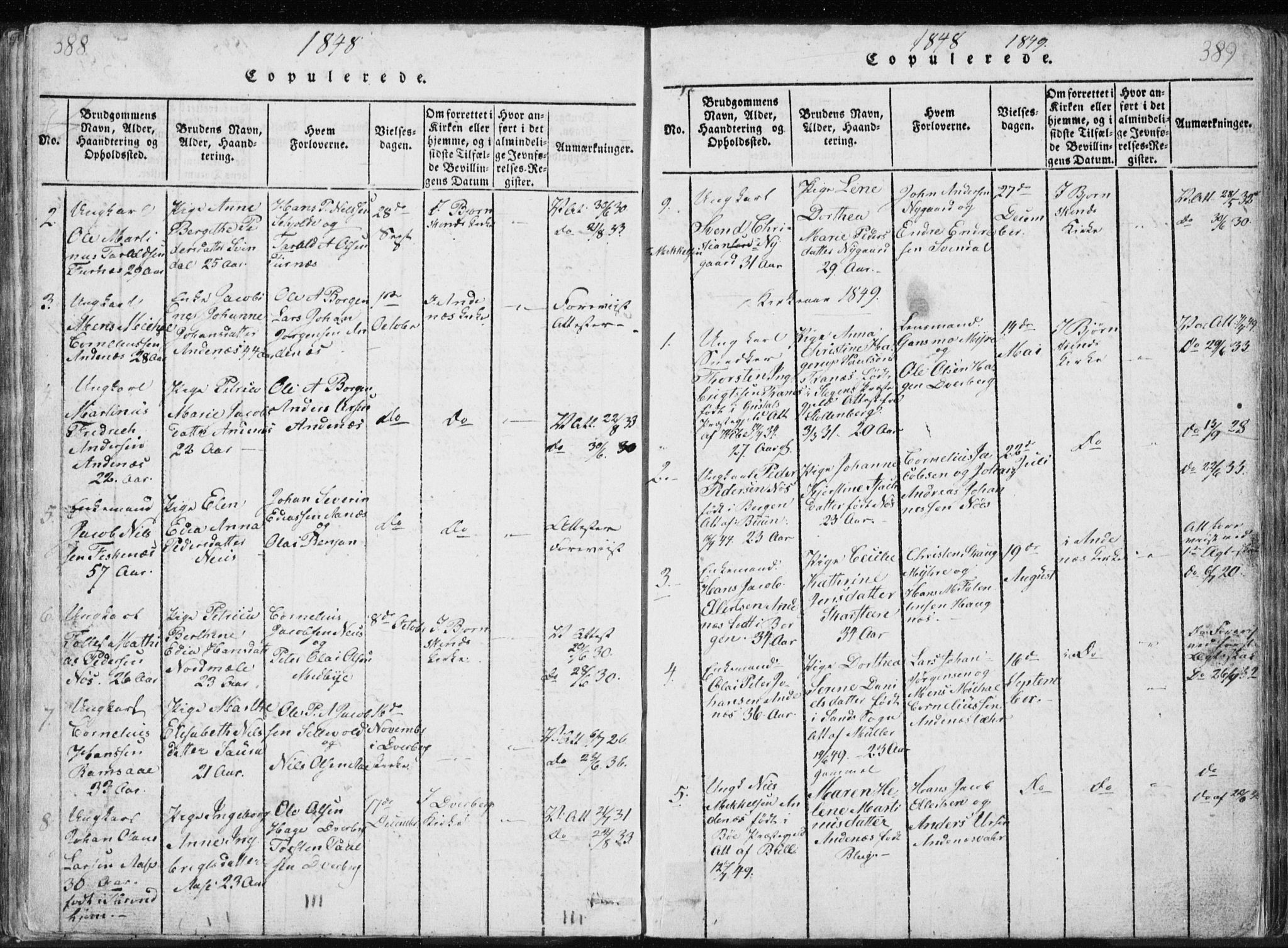 Ministerialprotokoller, klokkerbøker og fødselsregistre - Nordland, AV/SAT-A-1459/897/L1411: Parish register (copy) no. 897C01, 1820-1866, p. 388-389