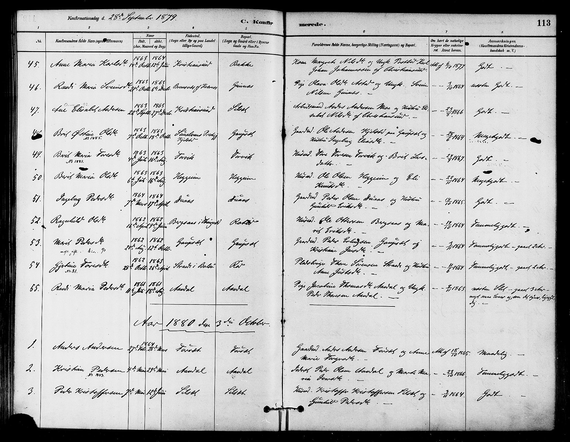 Ministerialprotokoller, klokkerbøker og fødselsregistre - Møre og Romsdal, SAT/A-1454/584/L0967: Parish register (official) no. 584A07, 1879-1894, p. 113
