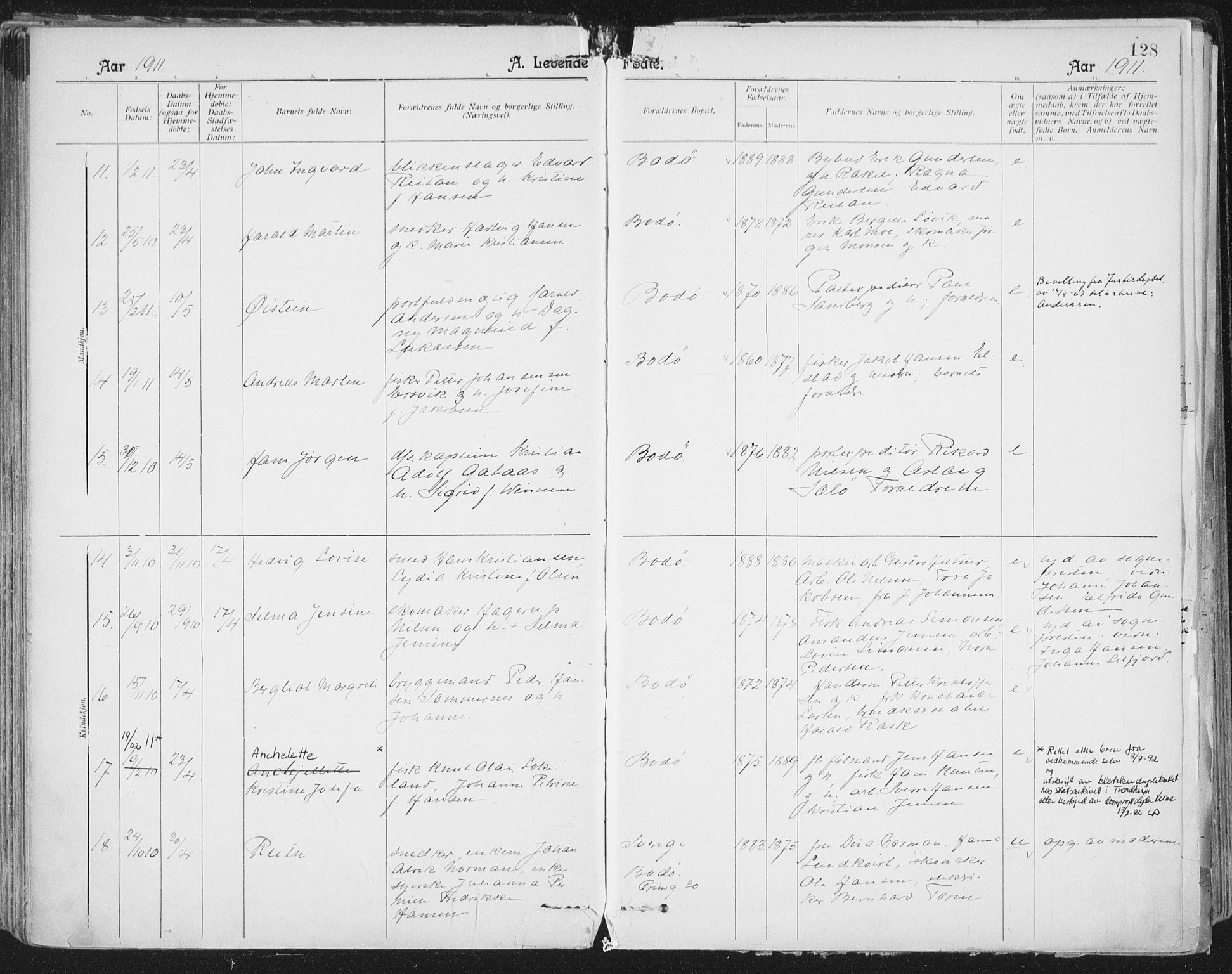 Ministerialprotokoller, klokkerbøker og fødselsregistre - Nordland, AV/SAT-A-1459/801/L0011: Parish register (official) no. 801A11, 1900-1916, p. 128