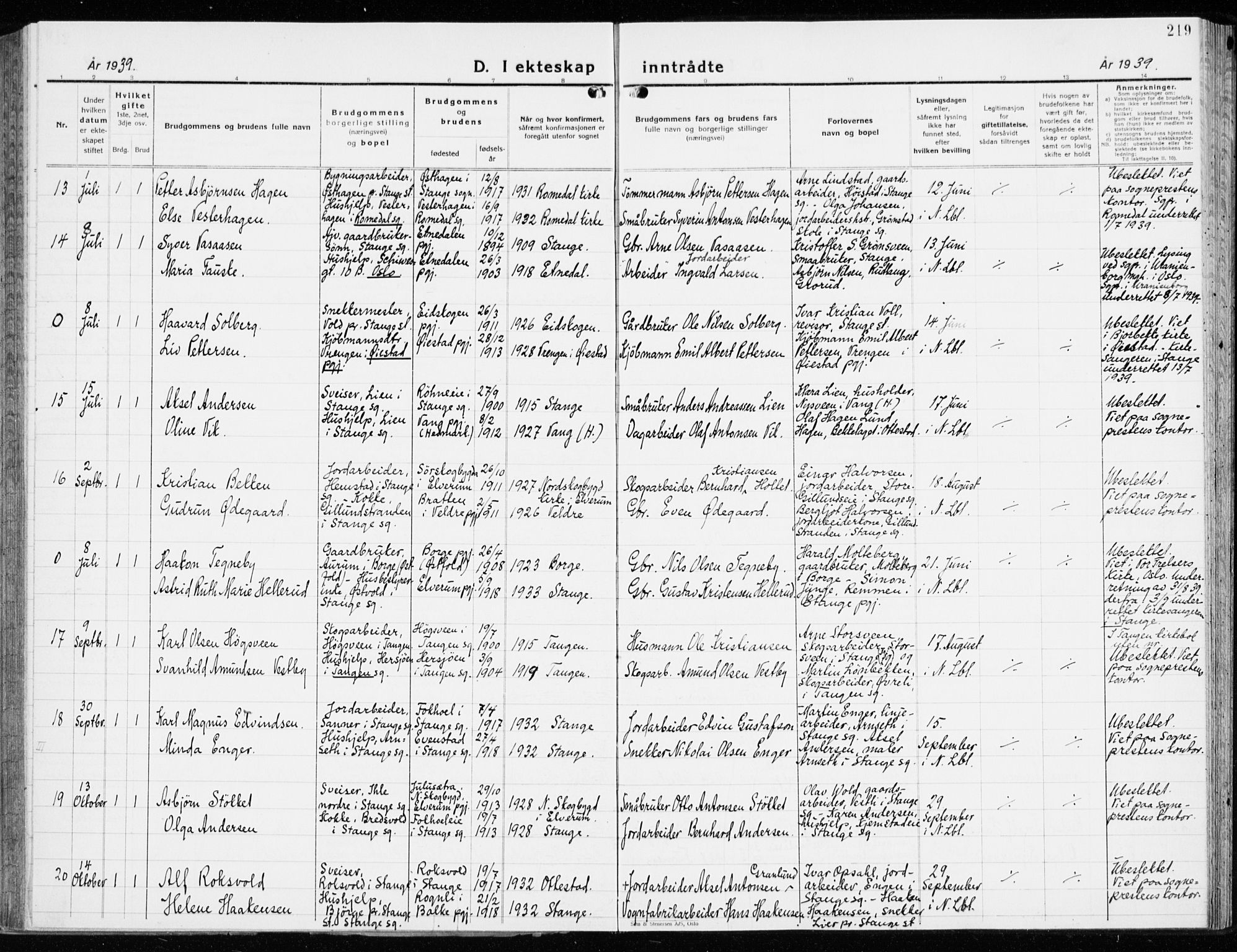 Stange prestekontor, AV/SAH-PREST-002/K/L0027: Parish register (official) no. 27, 1937-1947, p. 219