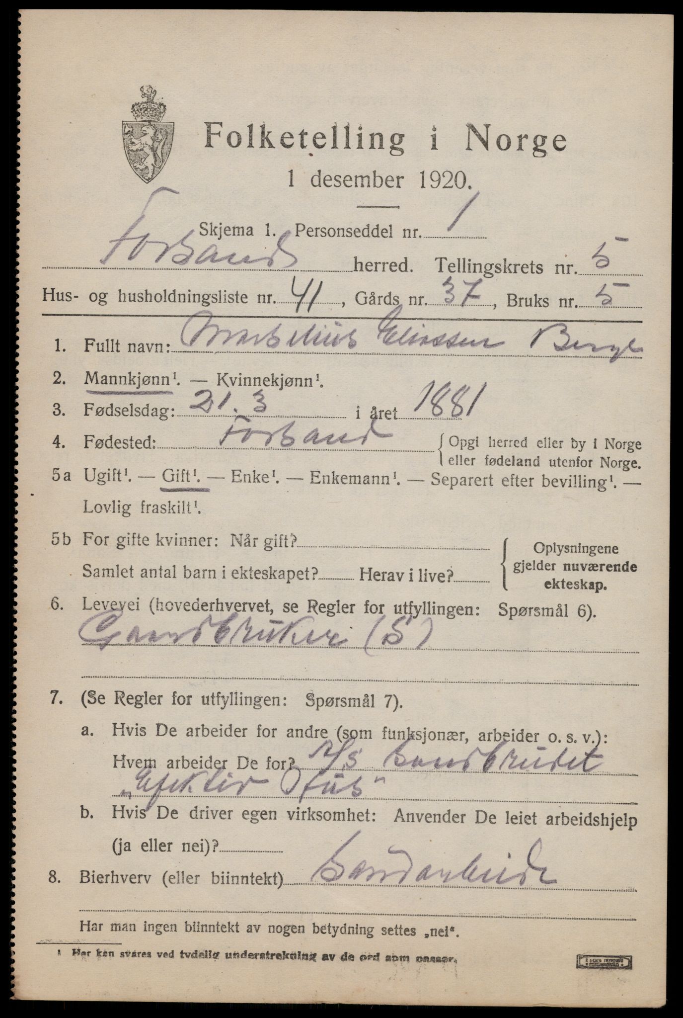 SAST, 1920 census for Forsand, 1920, p. 2177