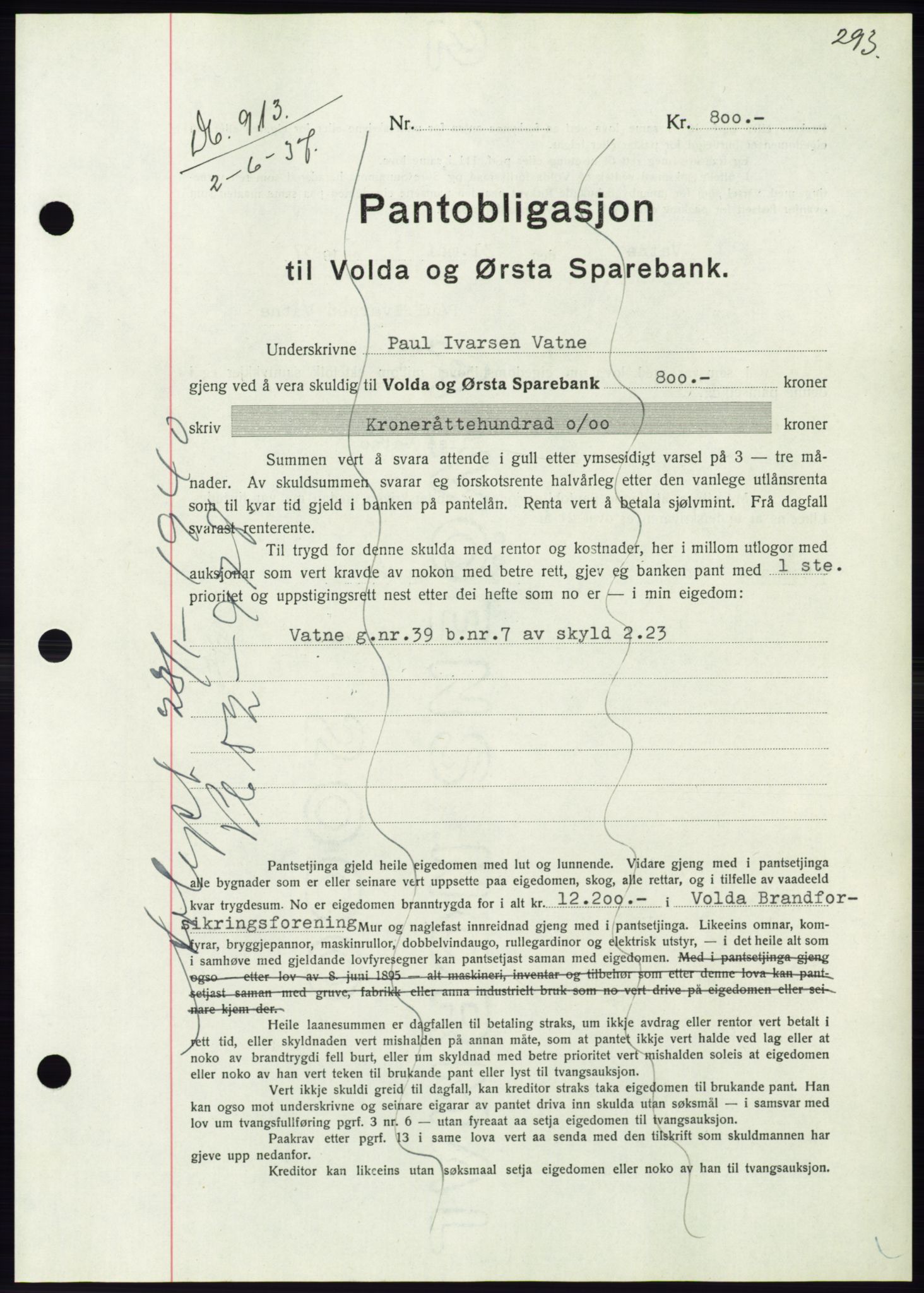 Søre Sunnmøre sorenskriveri, AV/SAT-A-4122/1/2/2C/L0063: Mortgage book no. 57, 1937-1937, Diary no: : 913/1937