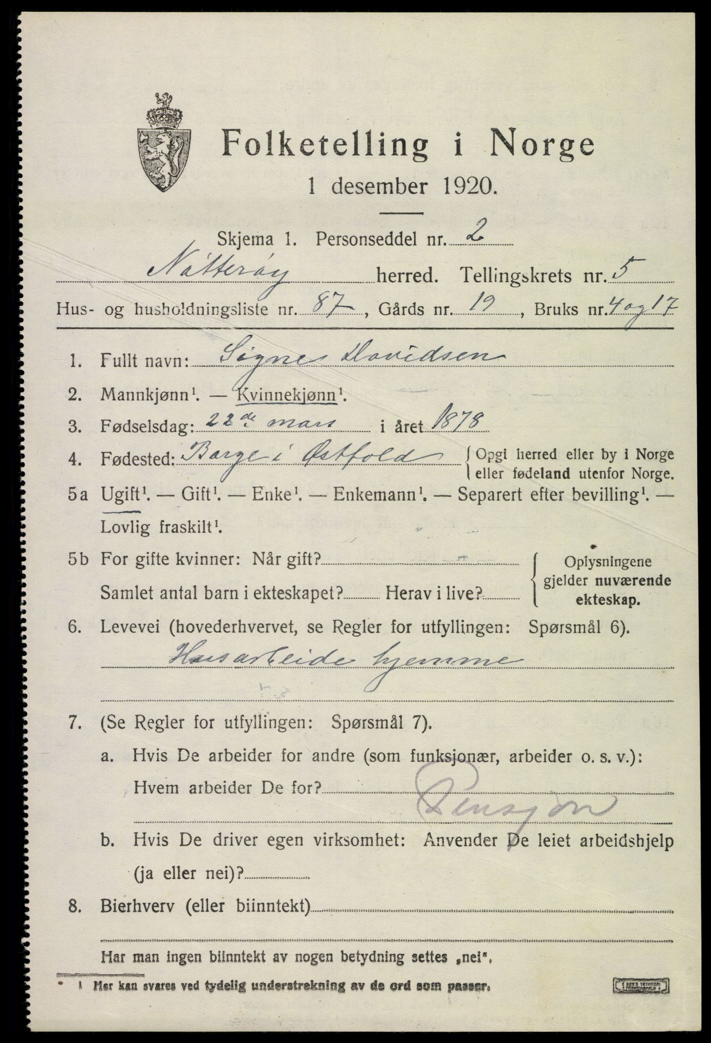 SAKO, 1920 census for Nøtterøy, 1920, p. 8397