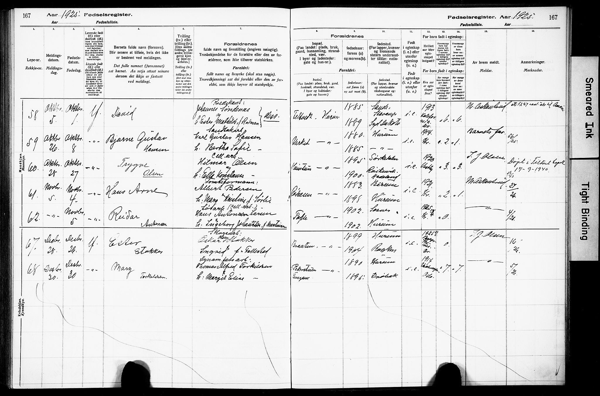 Hurum kirkebøker, AV/SAKO-A-229/J/Ja/L0001: Birth register no. 1, 1916-1928, p. 167