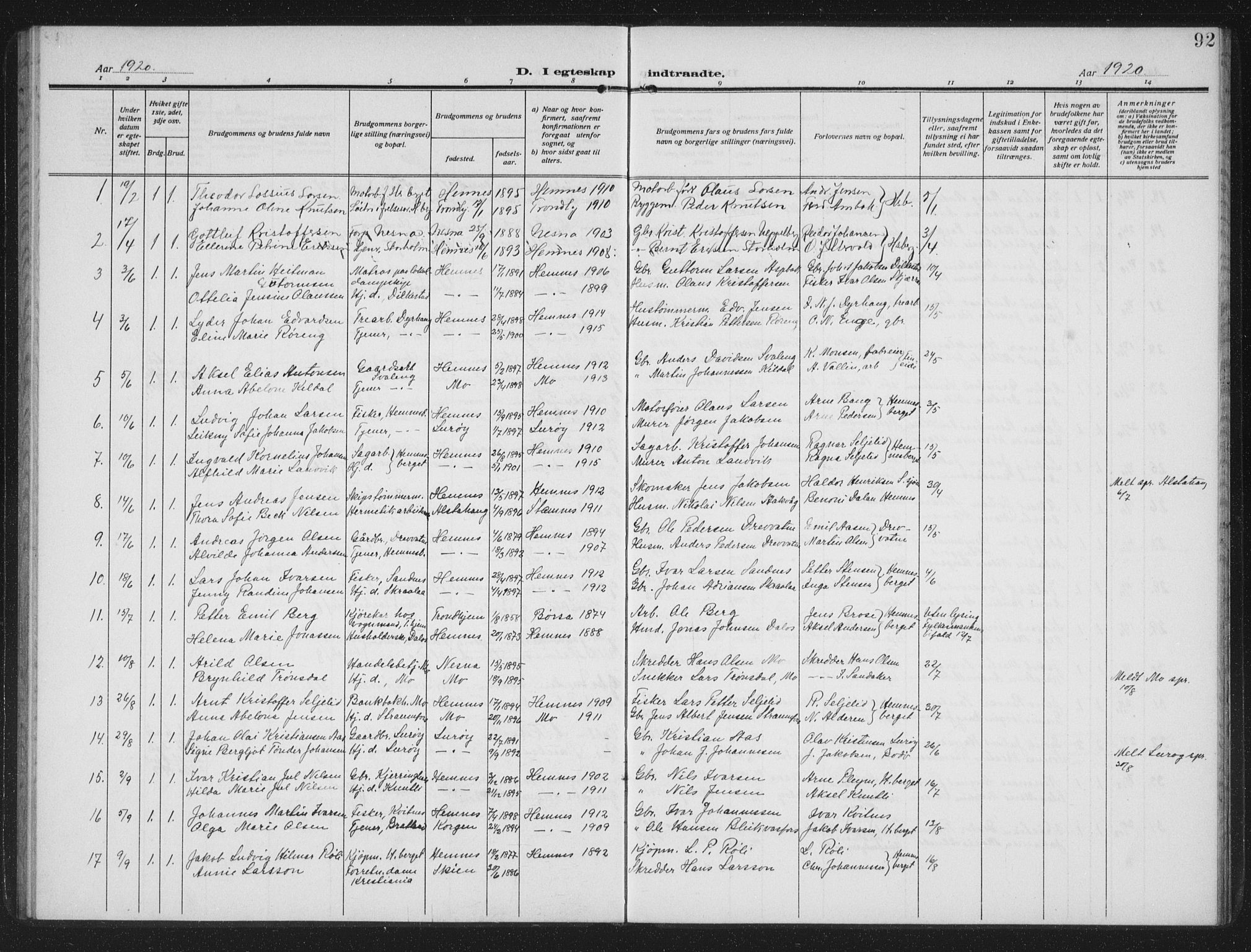 Ministerialprotokoller, klokkerbøker og fødselsregistre - Nordland, SAT/A-1459/825/L0371: Parish register (copy) no. 825C08, 1907-1940, p. 92
