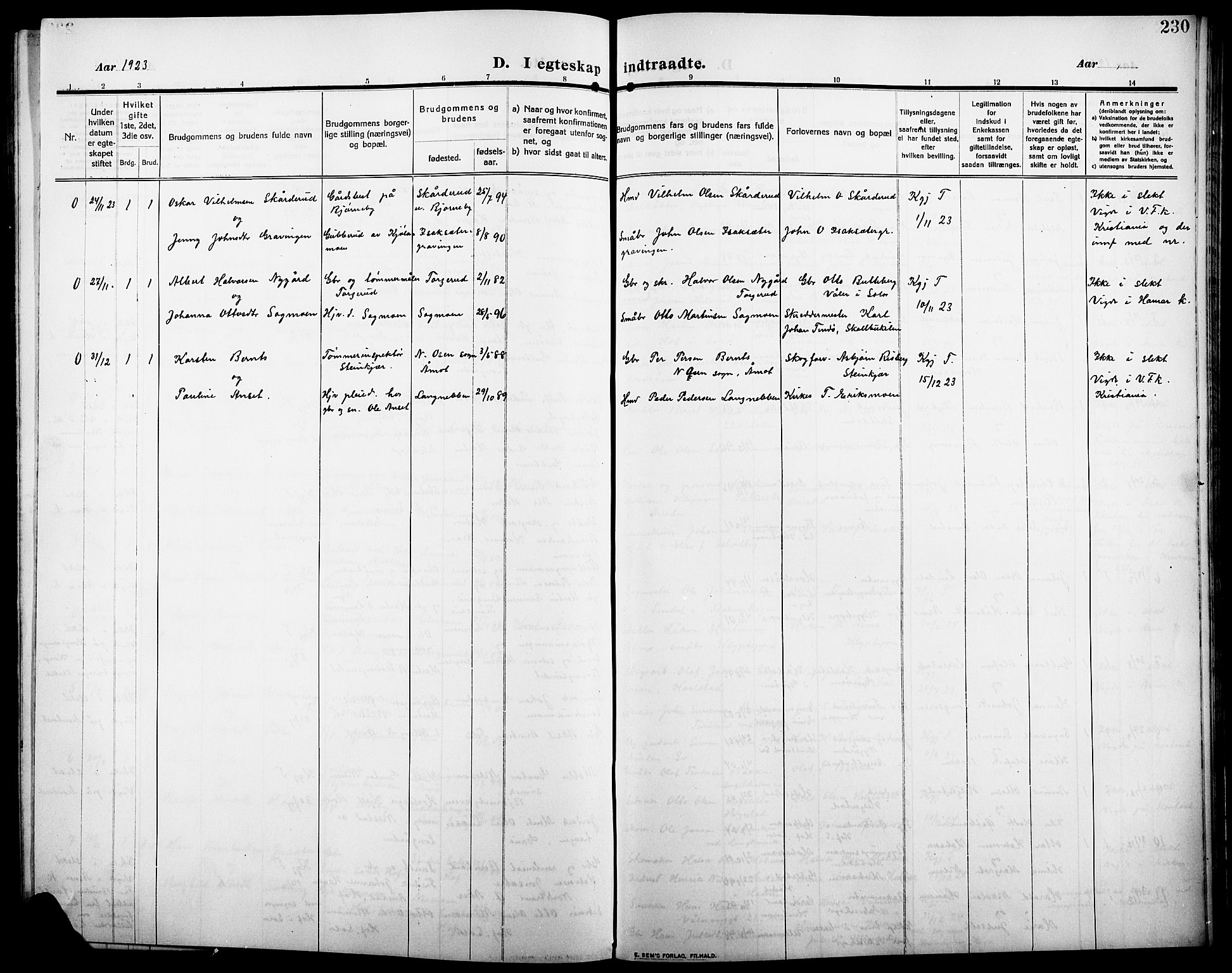 Åsnes prestekontor, AV/SAH-PREST-042/H/Ha/Hab/L0007: Parish register (copy) no. 7, 1909-1926, p. 230