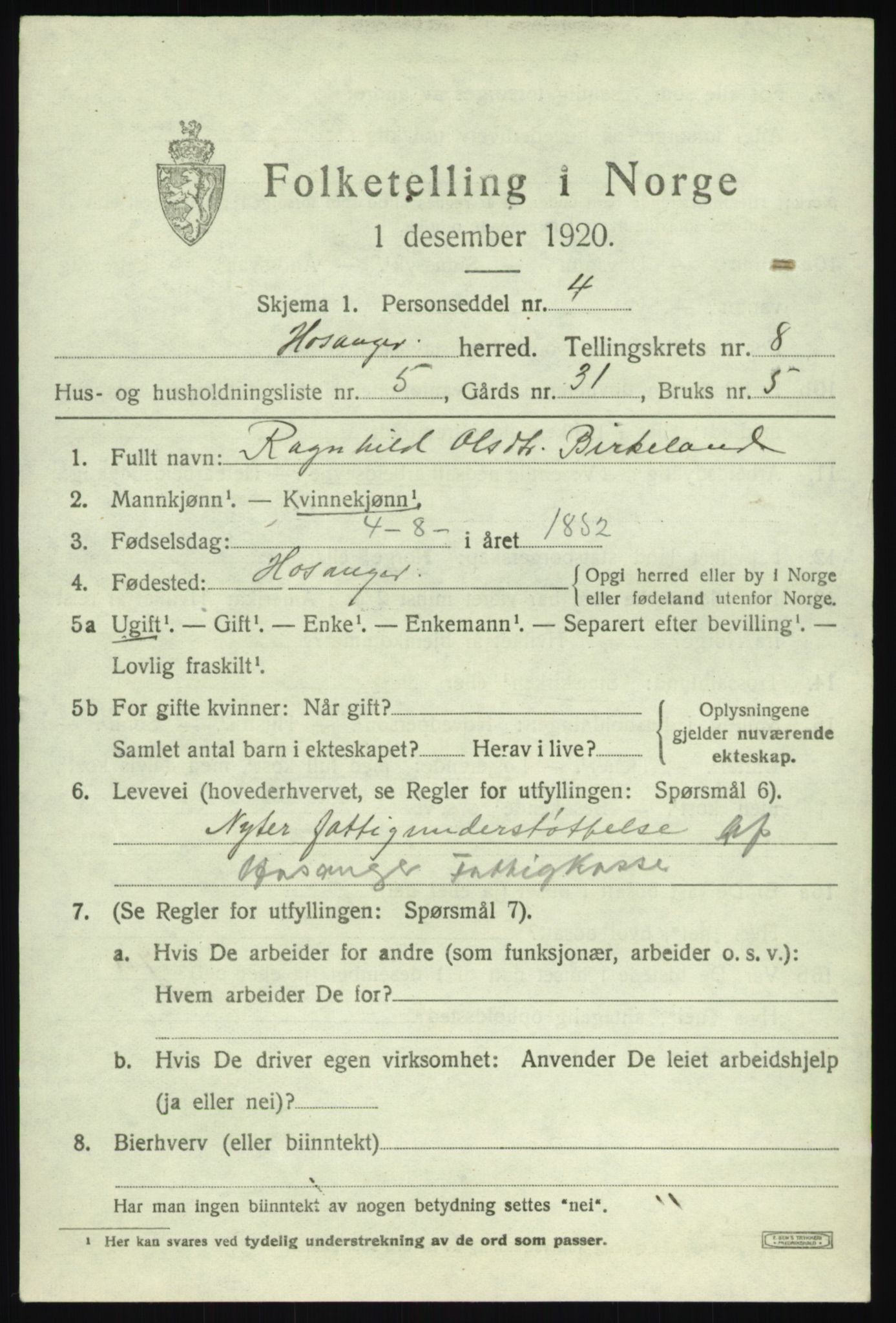 SAB, 1920 census for Hosanger, 1920, p. 3413