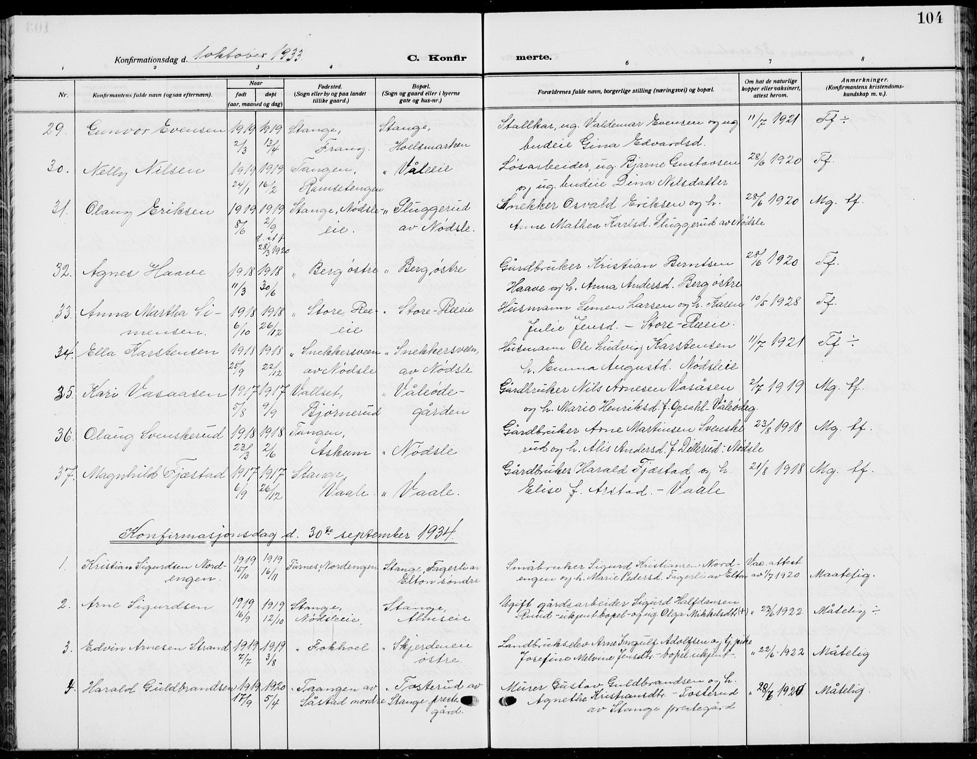 Stange prestekontor, SAH/PREST-002/L/L0018: Parish register (copy) no. 18, 1929-1937, p. 104