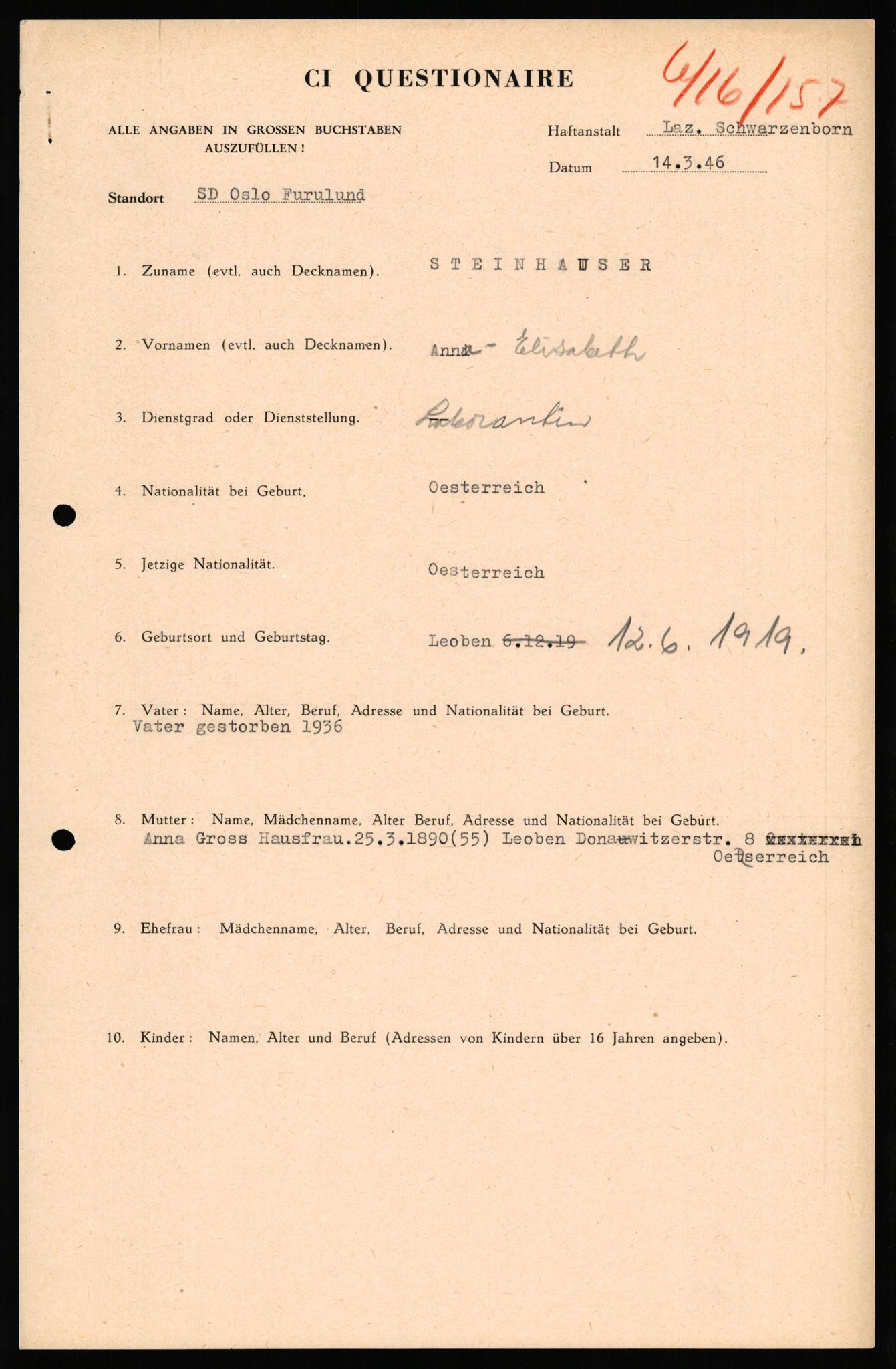 Forsvaret, Forsvarets overkommando II, AV/RA-RAFA-3915/D/Db/L0040: CI Questionaires. Tyske okkupasjonsstyrker i Norge. Østerrikere., 1945-1946, p. 210