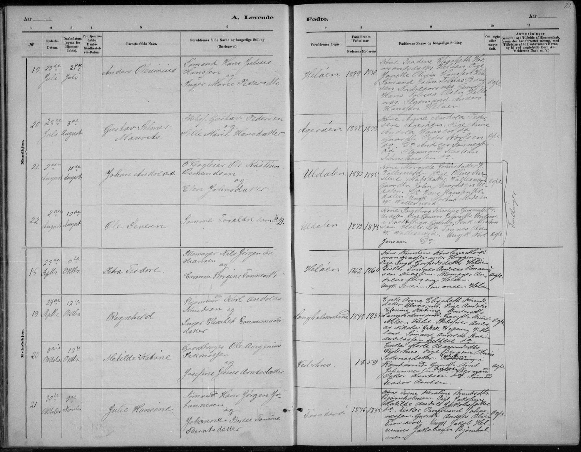 Høvåg sokneprestkontor, AV/SAK-1111-0025/F/Fb/L0004: Parish register (copy) no. B 4, 1883-1898, p. 21