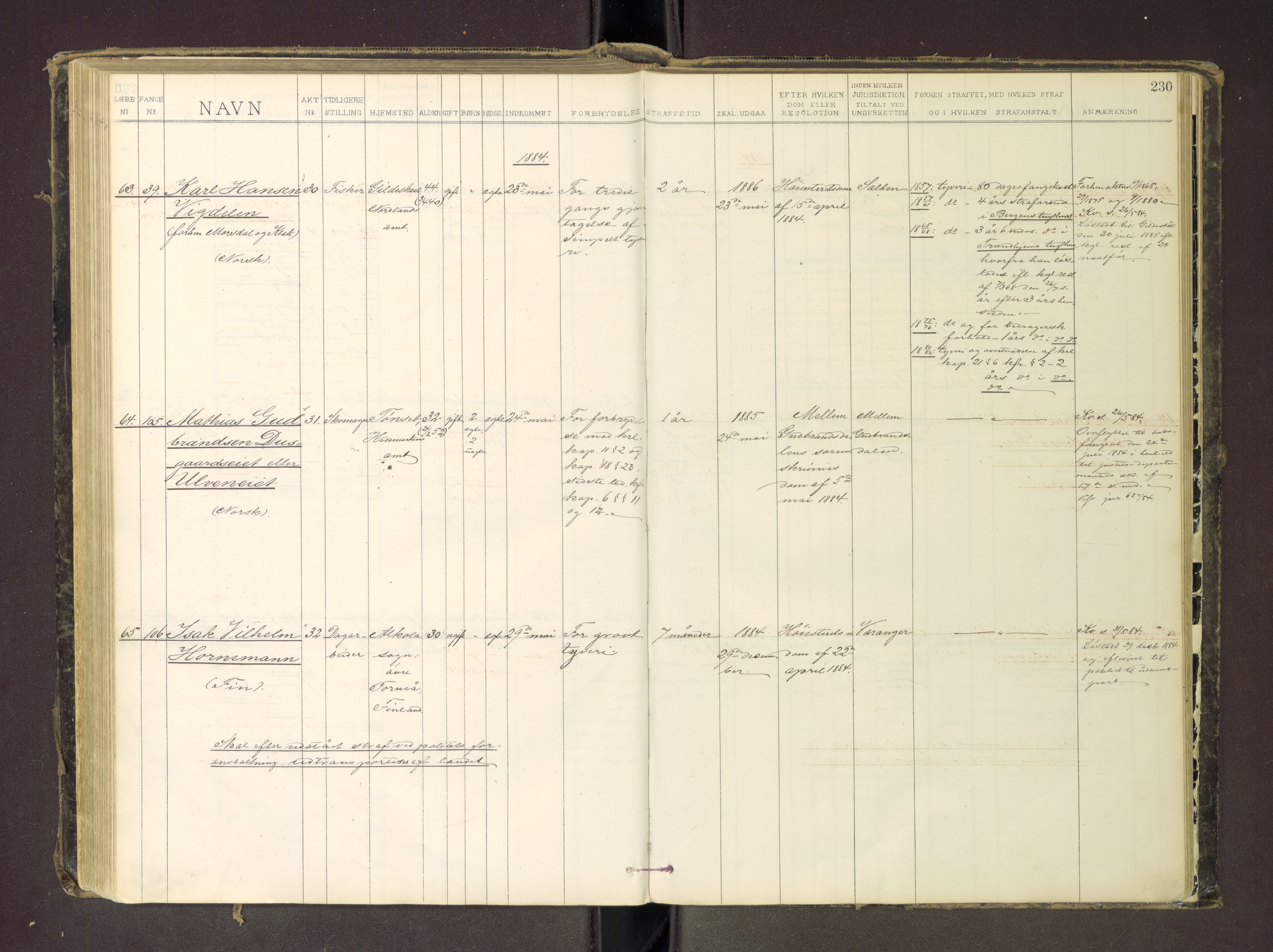 Trondheim tukthus, AV/SAT-A-4619/05/65/L0035: 65.35 Fangeprotokoll m/reg, 1878-1885, p. 230