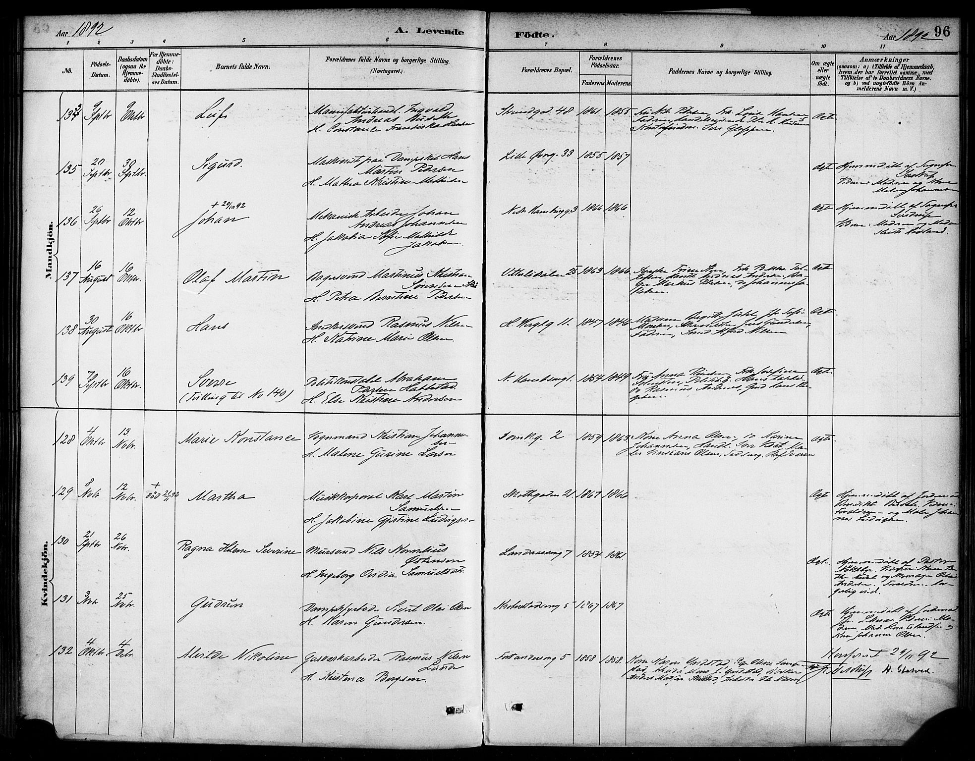 Korskirken sokneprestembete, AV/SAB-A-76101/H/Haa/L0022: Parish register (official) no. B 8, 1889-1899, p. 96