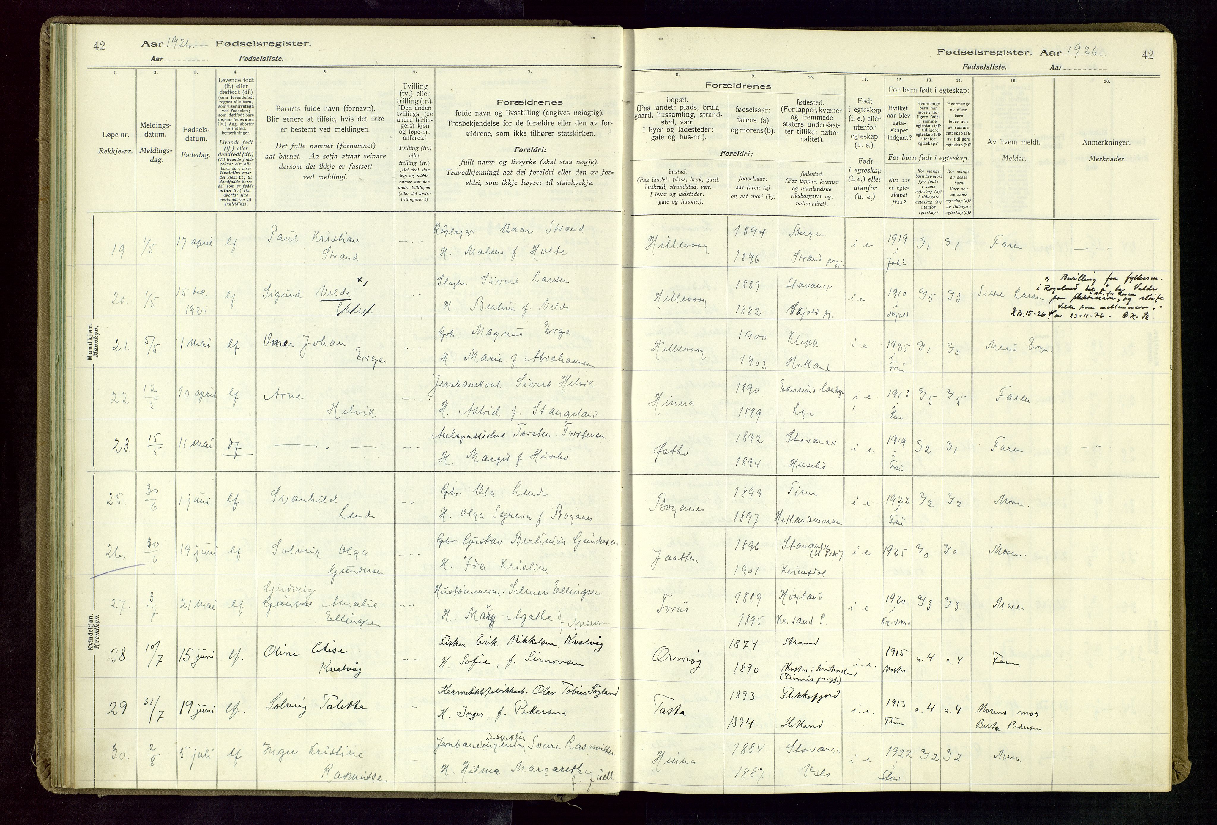 Hetland sokneprestkontor, AV/SAST-A-101826/70/704BA/L0004: Birth register no. 4, 1923-1937, p. 42