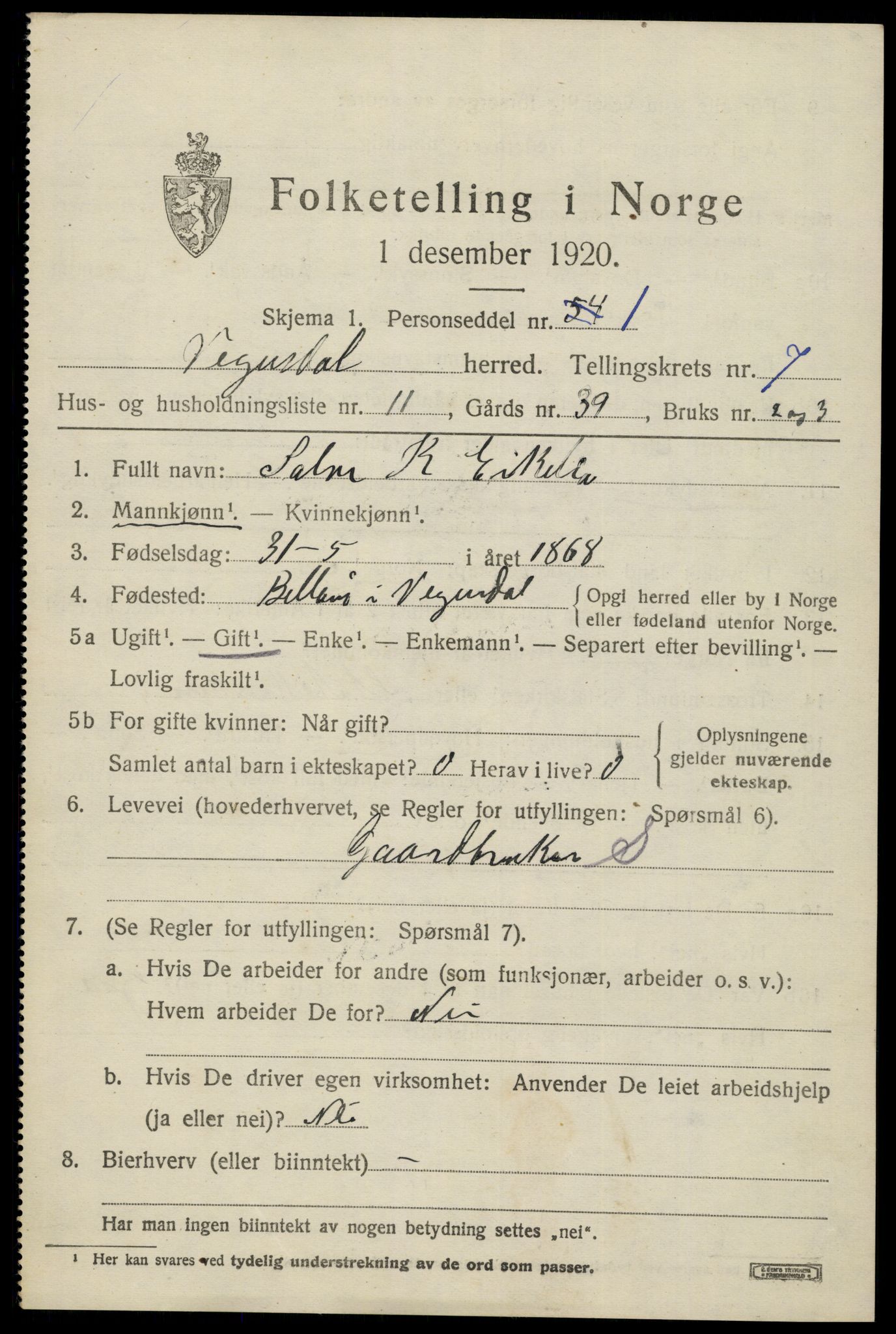 SAK, 1920 census for Vegusdal, 1920, p. 1777