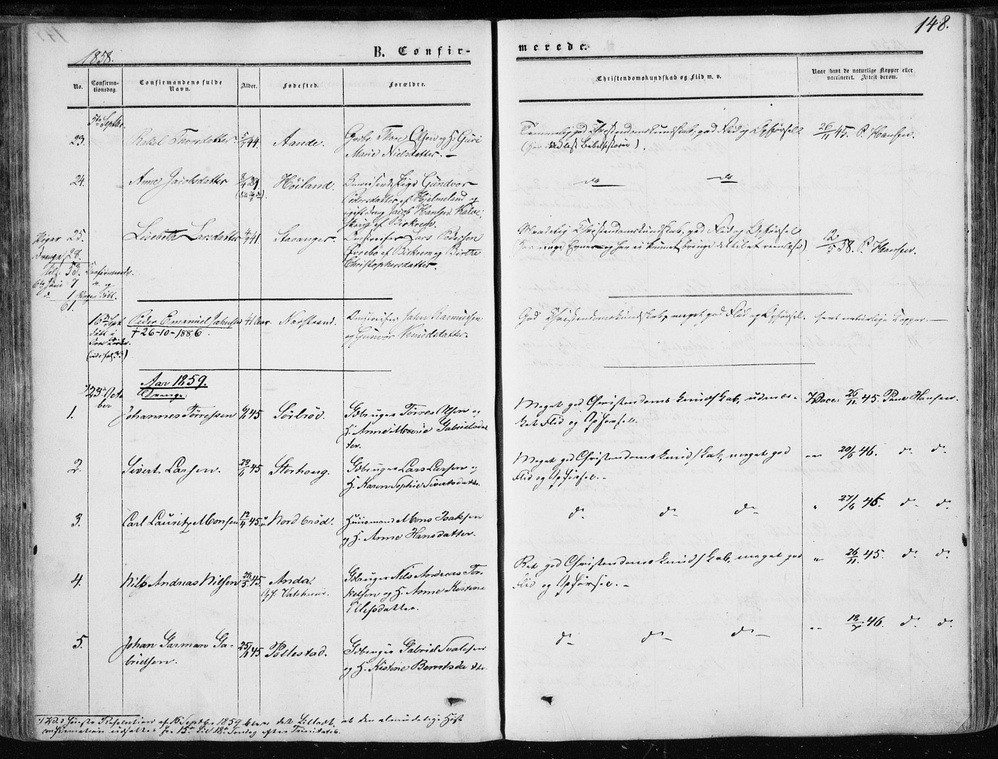 Klepp sokneprestkontor, SAST/A-101803/001/3/30BA/L0005: Parish register (official) no. A 5, 1853-1870, p. 148