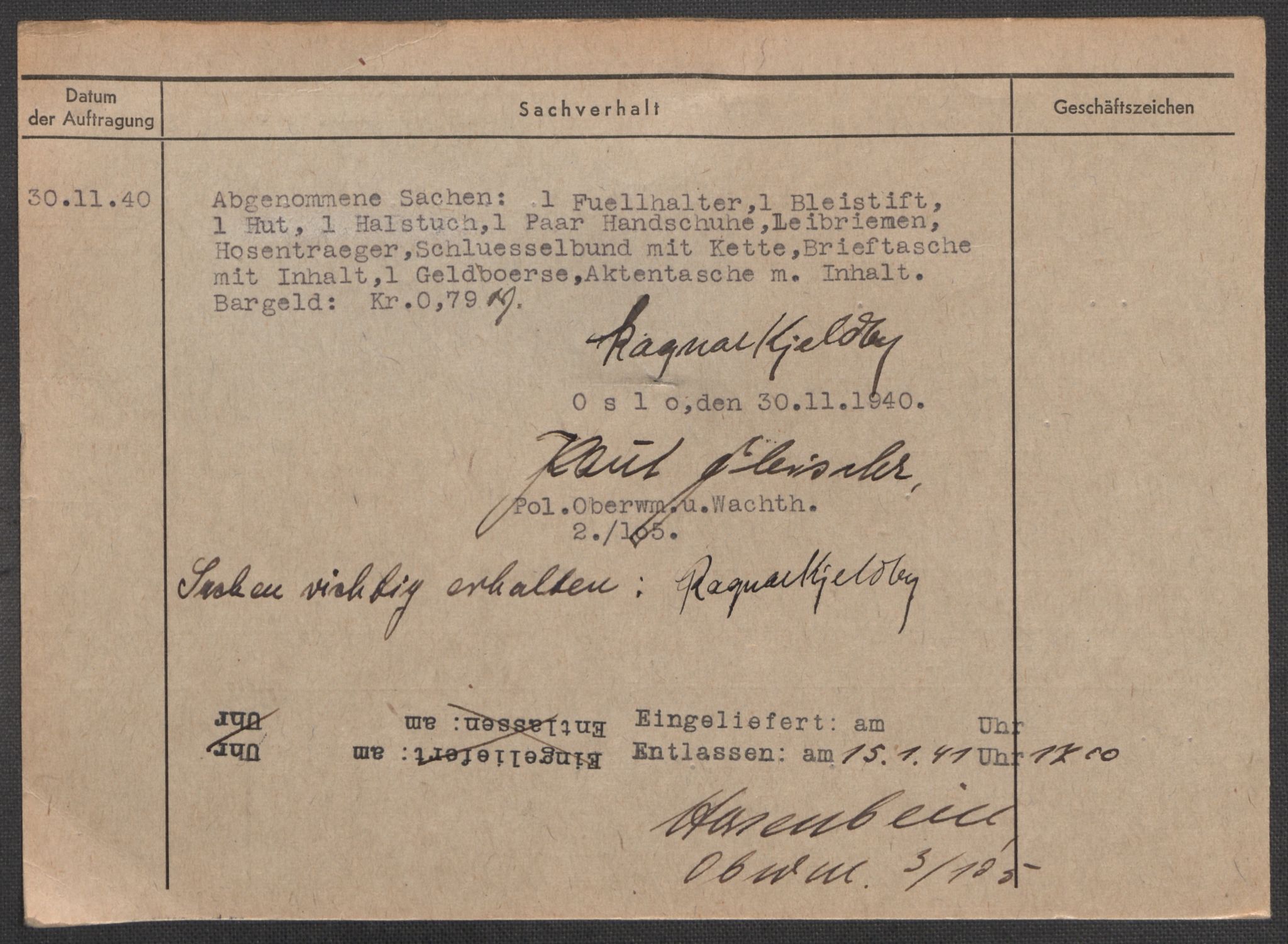 Befehlshaber der Sicherheitspolizei und des SD, AV/RA-RAFA-5969/E/Ea/Eaa/L0005: Register over norske fanger i Møllergata 19: Hø-Kj, 1940-1945, p. 1396