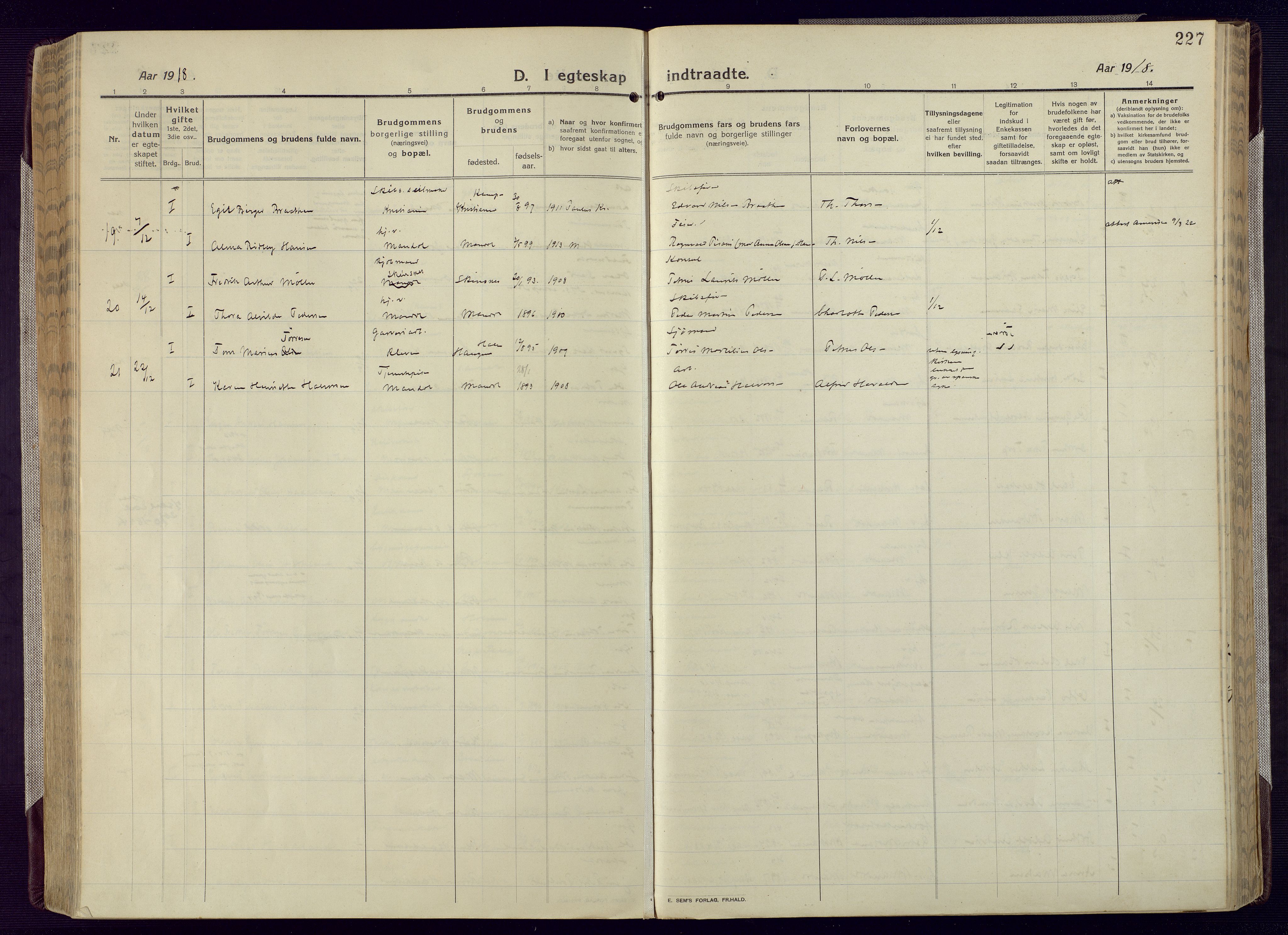 Mandal sokneprestkontor, SAK/1111-0030/F/Fa/Fac/L0001: Parish register (official) no. A 1, 1913-1925, p. 227