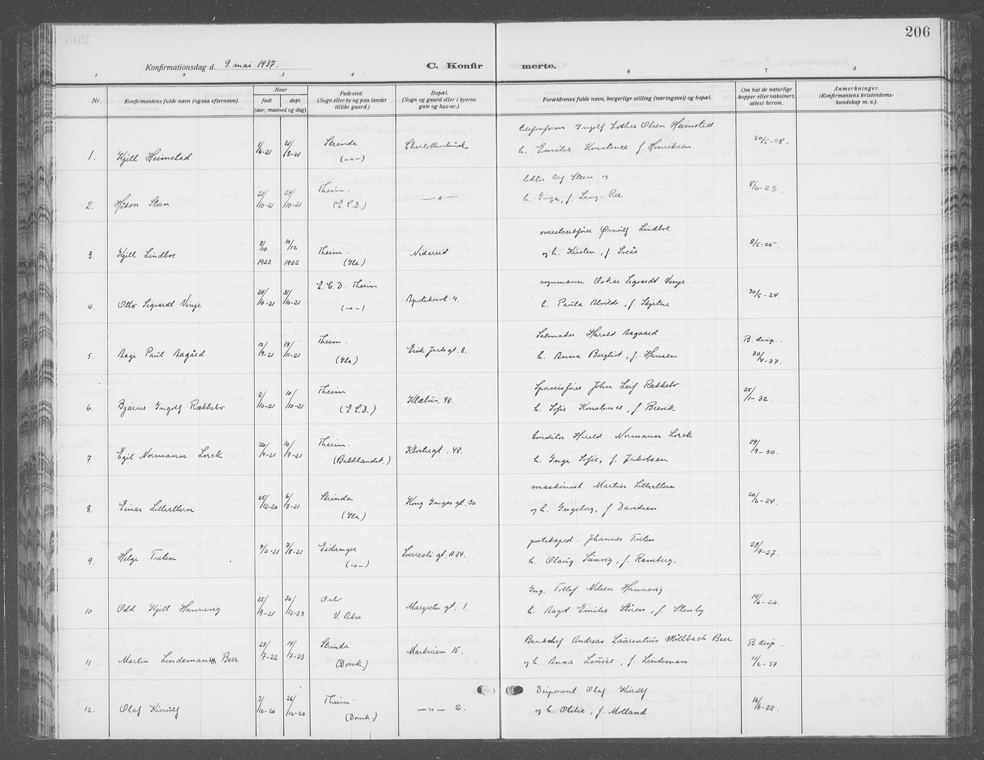 Ministerialprotokoller, klokkerbøker og fødselsregistre - Sør-Trøndelag, SAT/A-1456/601/L0099: Parish register (copy) no. 601C17, 1928-1941, p. 206