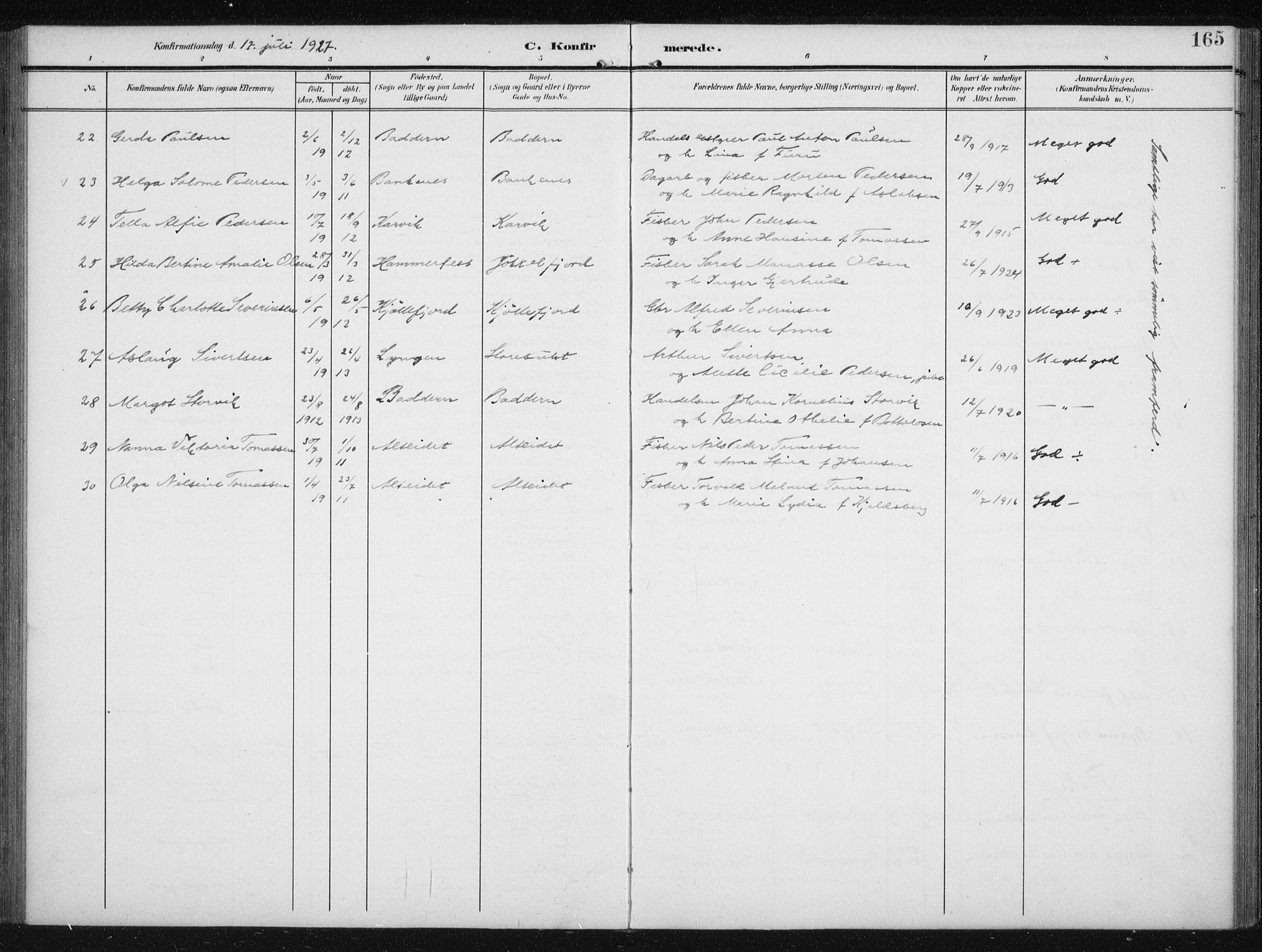 Skjervøy sokneprestkontor, AV/SATØ-S-1300/H/Ha/Hab/L0017klokker: Parish register (copy) no. 17, 1906-1941, p. 165