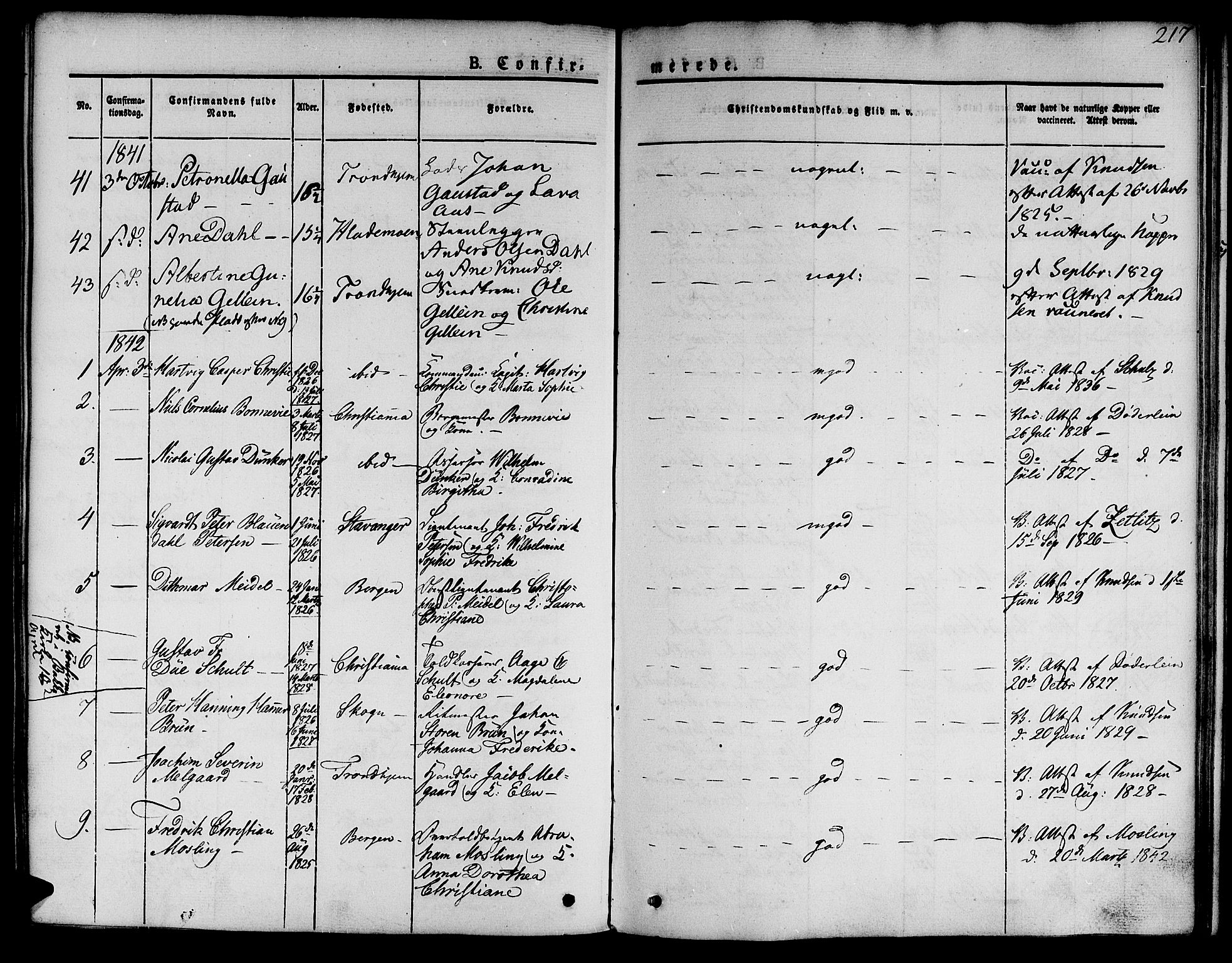 Ministerialprotokoller, klokkerbøker og fødselsregistre - Sør-Trøndelag, SAT/A-1456/601/L0048: Parish register (official) no. 601A16, 1840-1847, p. 217
