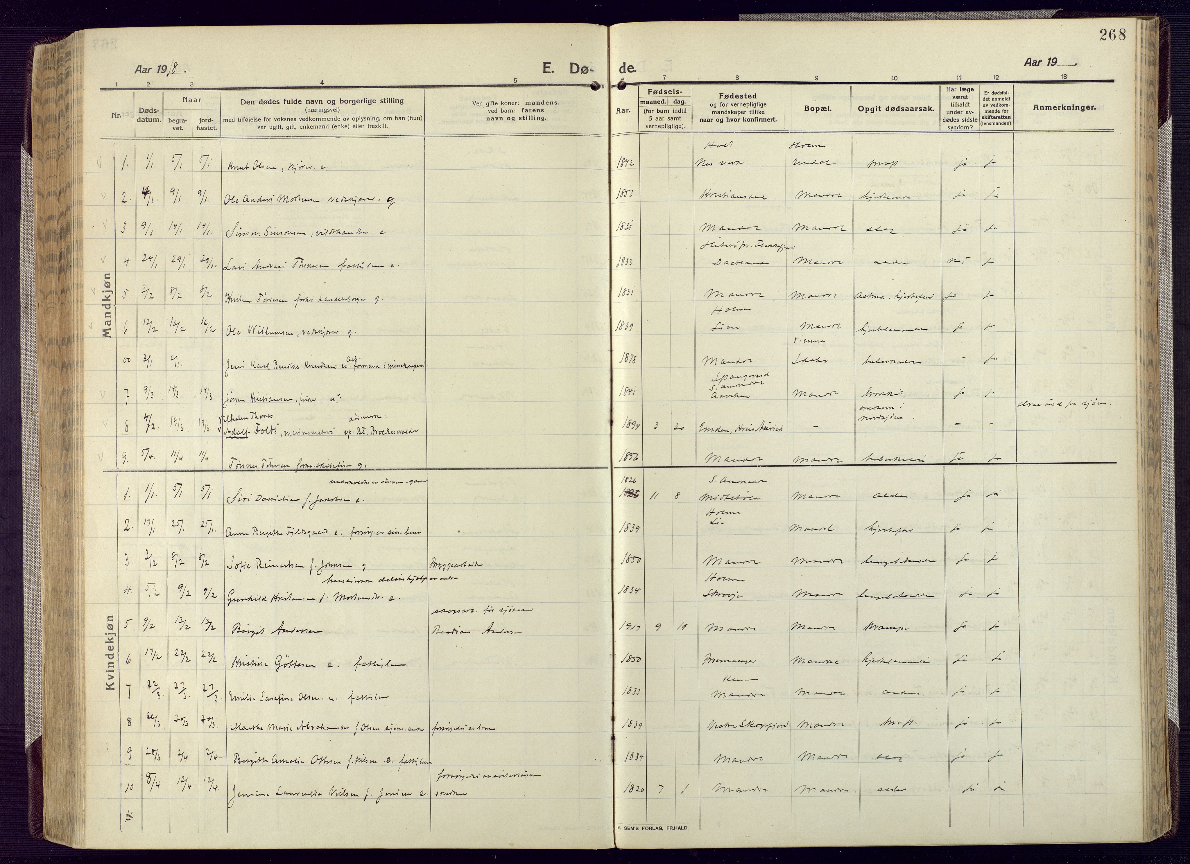 Mandal sokneprestkontor, SAK/1111-0030/F/Fa/Fac/L0001: Parish register (official) no. A 1, 1913-1925, p. 268