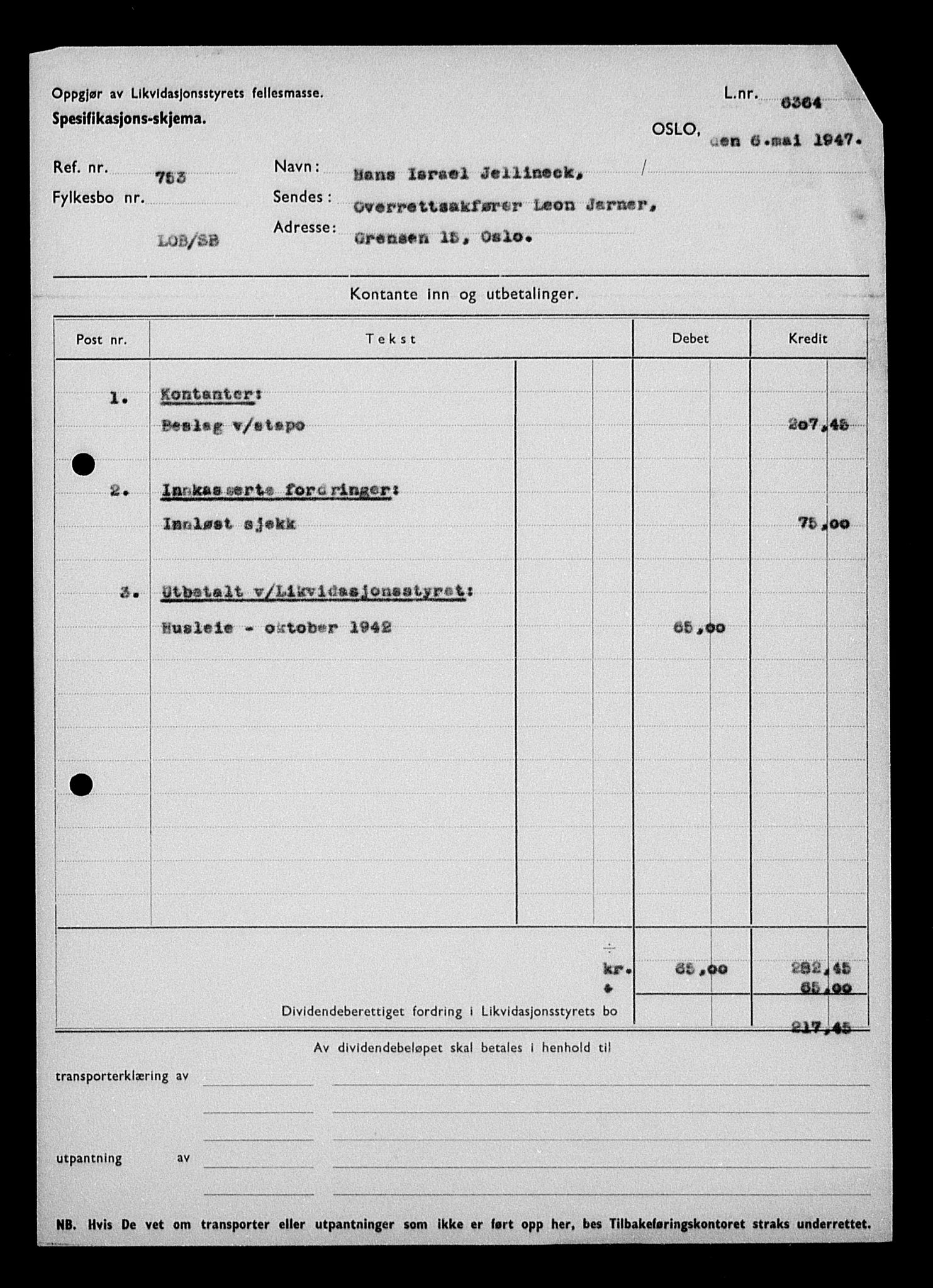 Justisdepartementet, Tilbakeføringskontoret for inndratte formuer, AV/RA-S-1564/H/Hc/Hcc/L0947: --, 1945-1947, p. 430