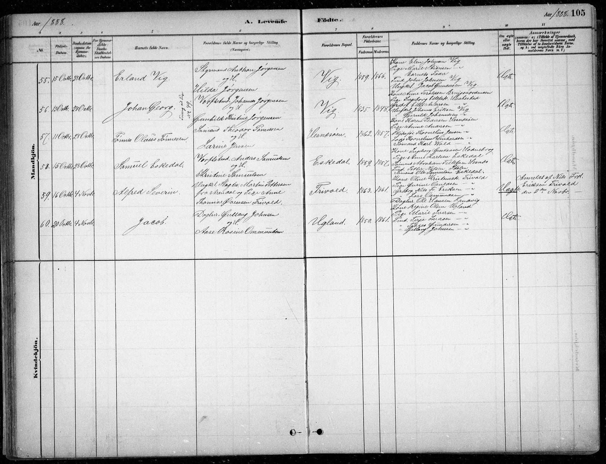 Fjære sokneprestkontor, AV/SAK-1111-0011/F/Fb/L0011: Parish register (copy) no. B 11, 1881-1905, p. 105