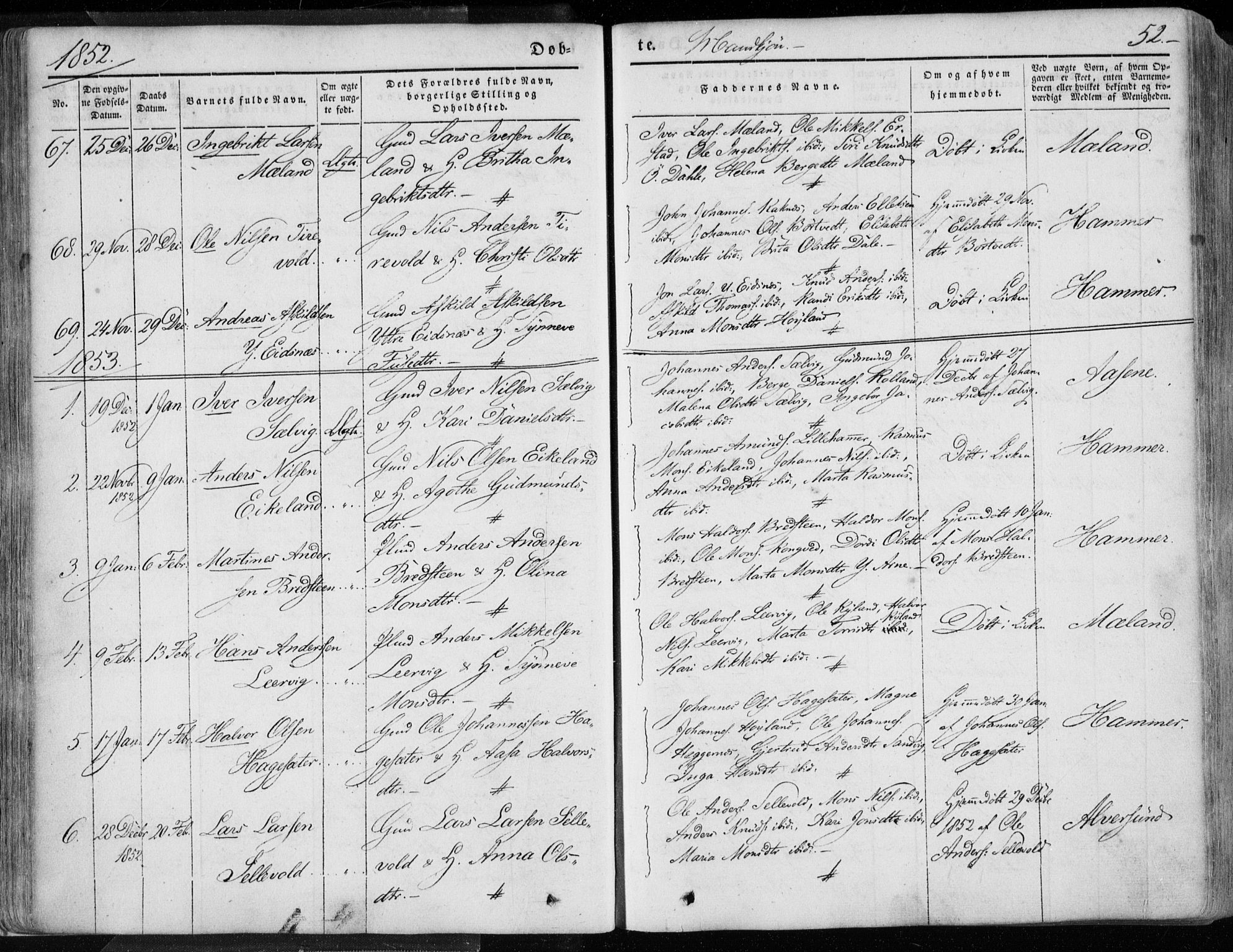 Hamre sokneprestembete, SAB/A-75501/H/Ha/Haa/Haaa/L0013: Parish register (official) no. A 13, 1846-1857, p. 52