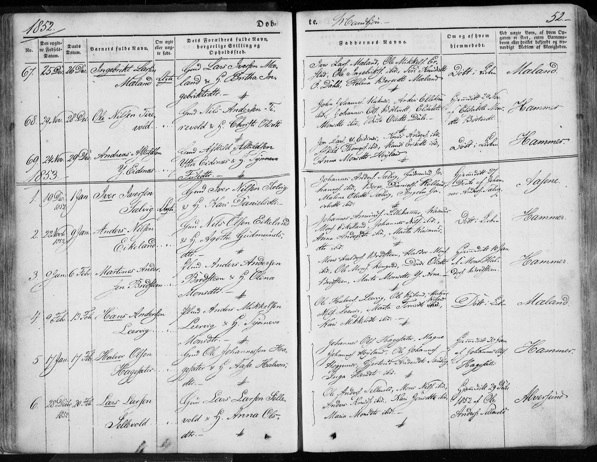 Hamre sokneprestembete, AV/SAB-A-75501/H/Ha/Haa/Haaa/L0013: Parish register (official) no. A 13, 1846-1857, p. 52