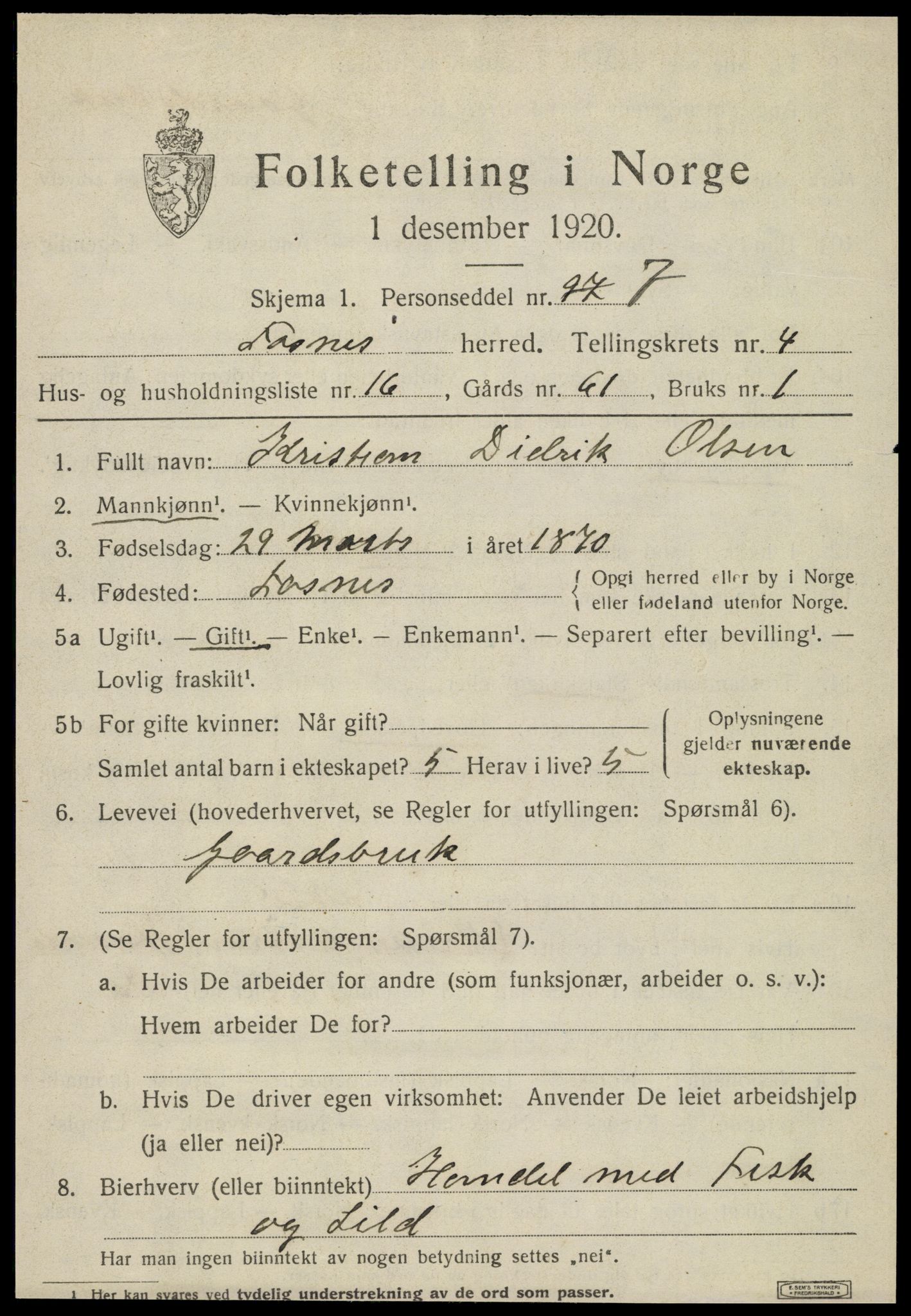 SAT, 1920 census for Fosnes, 1920, p. 2175