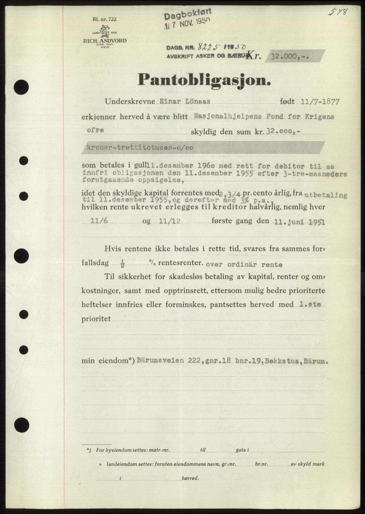 Asker og Bærum sorenskriveri, AV/SAO-A-10379a/G/Gb/Gbb/L0012: Mortgage book no. B97, 1950-1950, Diary no: : 8225/1950