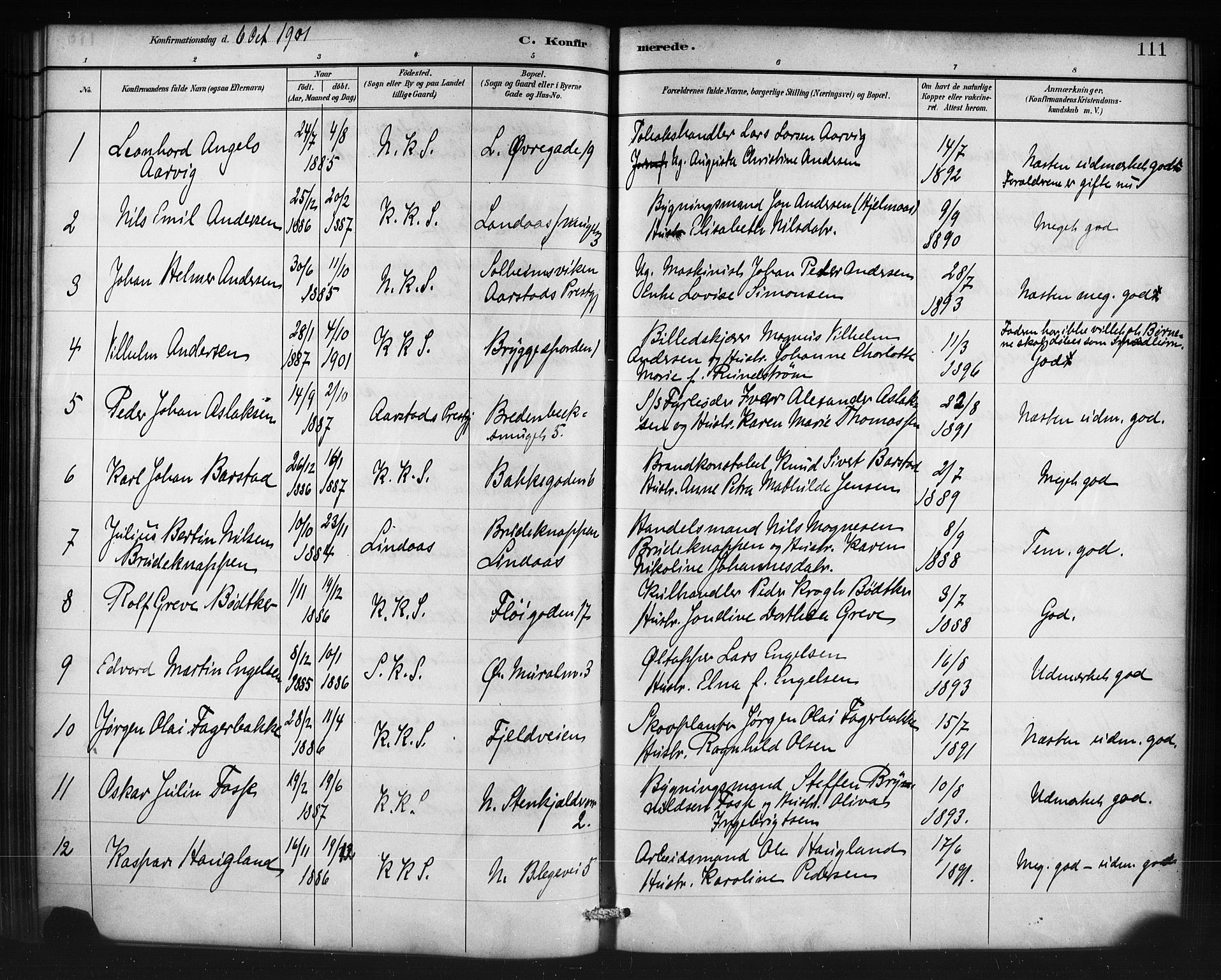 Korskirken sokneprestembete, SAB/A-76101/H/Haa/L0071: Curate's parish register no. A 6, 1885-1912, p. 111