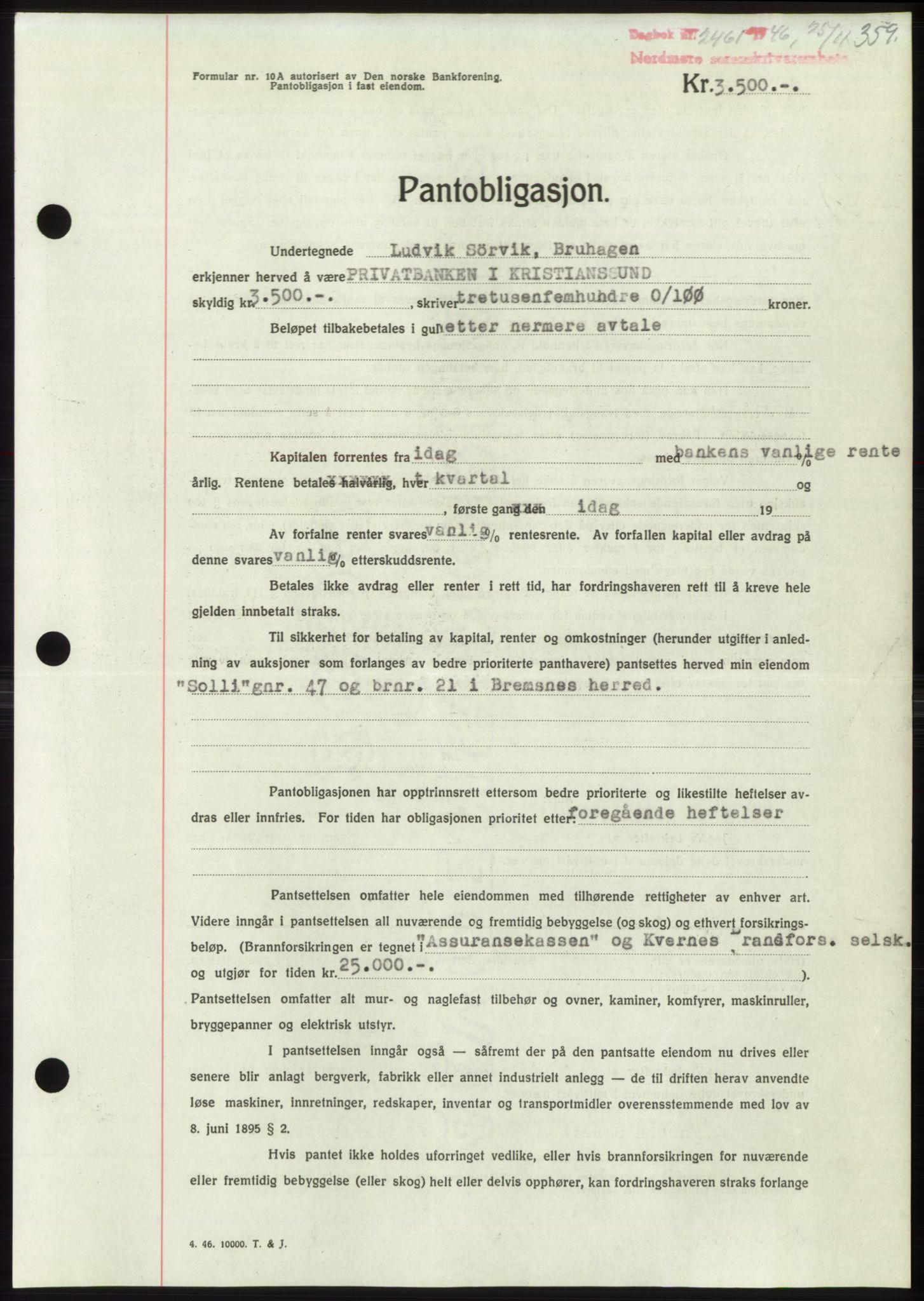 Nordmøre sorenskriveri, AV/SAT-A-4132/1/2/2Ca: Mortgage book no. B95, 1946-1947, Diary no: : 2461/1946