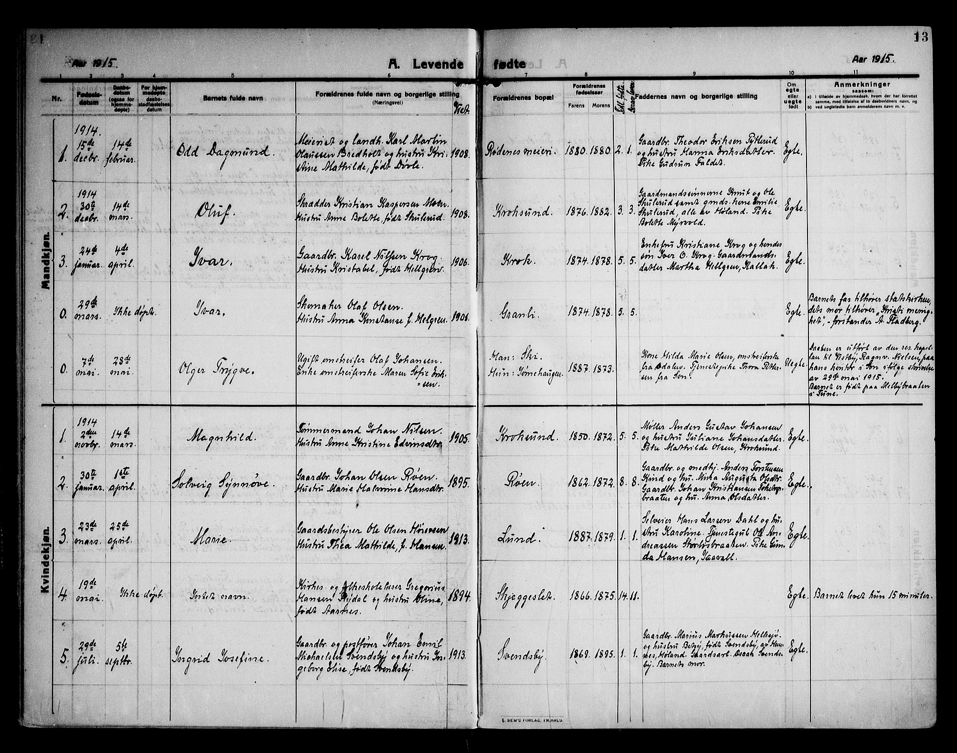 Rødenes prestekontor Kirkebøker, AV/SAO-A-2005/F/Fa/L0012: Parish register (official) no. I 12, 1911-1926, p. 13