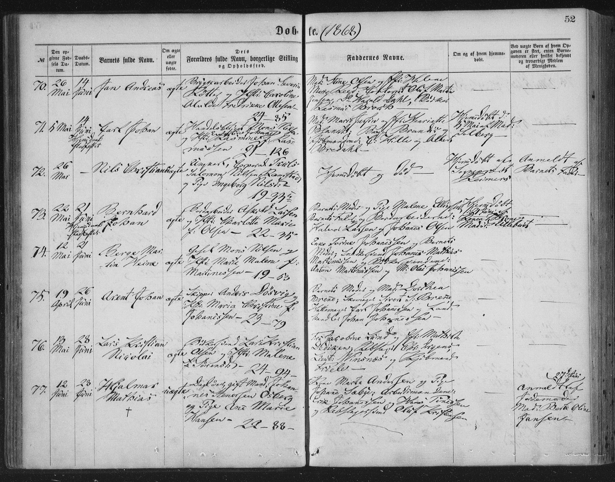 Korskirken sokneprestembete, AV/SAB-A-76101/H/Haa/L0019: Parish register (official) no. B 5, 1866-1871, p. 52