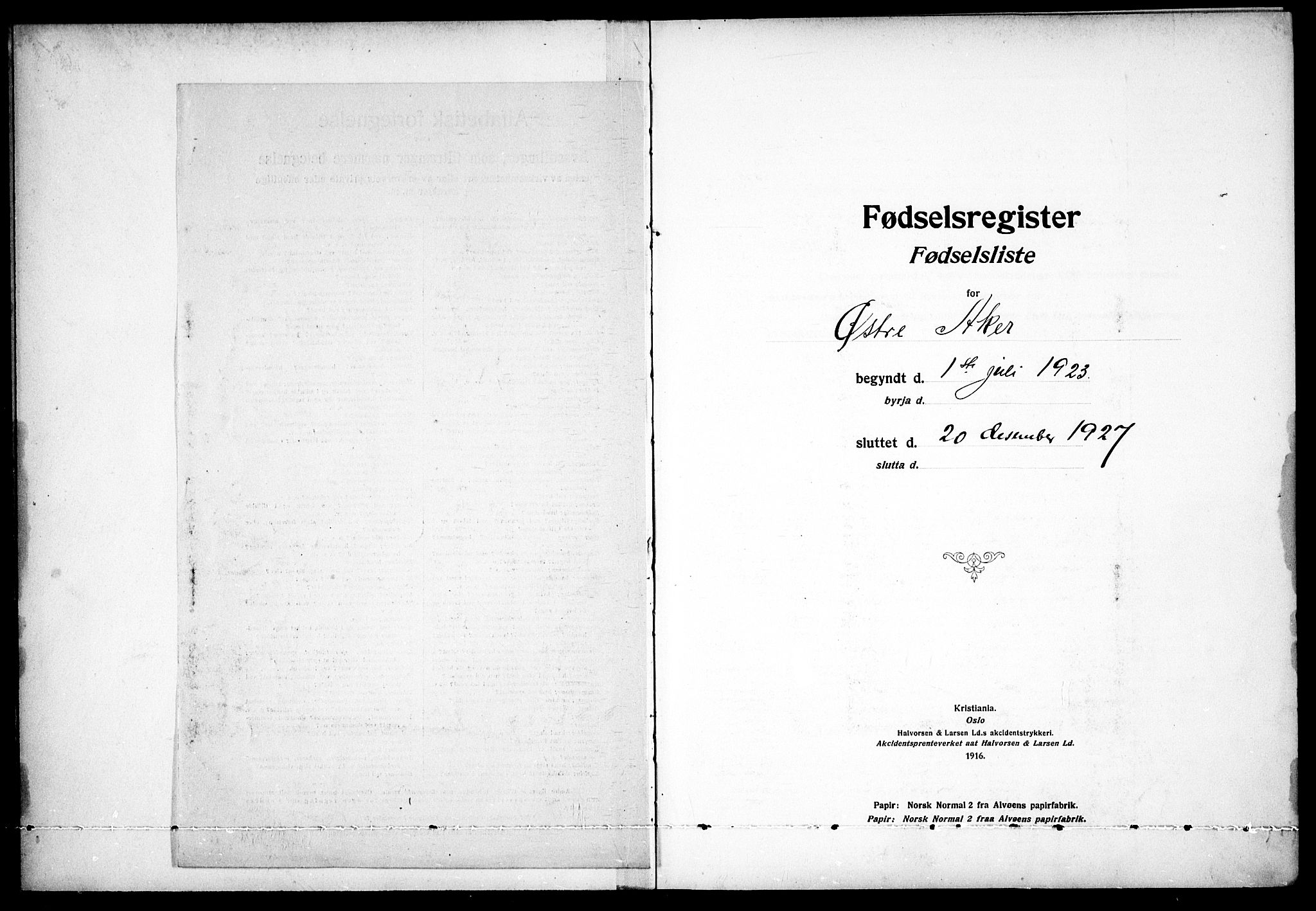 Østre Aker prestekontor Kirkebøker, AV/SAO-A-10840/J/Ja/L0002: Birth register no. I 2, 1923-1927