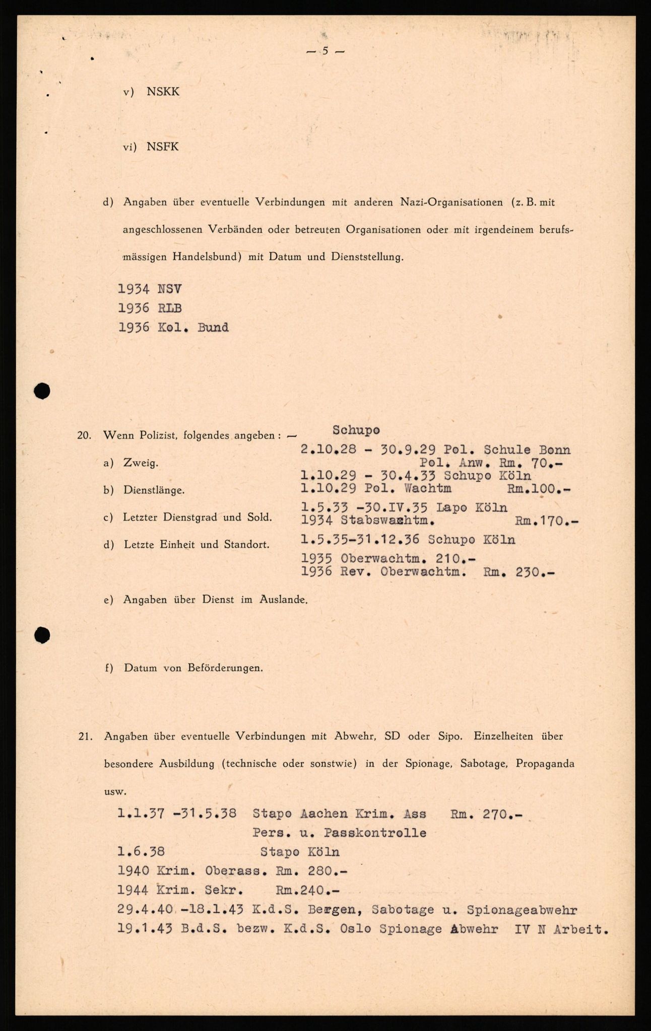 Forsvaret, Forsvarets overkommando II, RA/RAFA-3915/D/Db/L0032: CI Questionaires. Tyske okkupasjonsstyrker i Norge. Tyskere., 1945-1946, p. 39