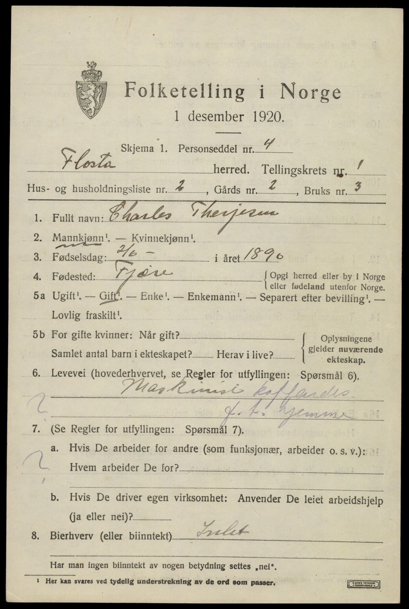 SAK, 1920 census for Flosta, 1920, p. 864