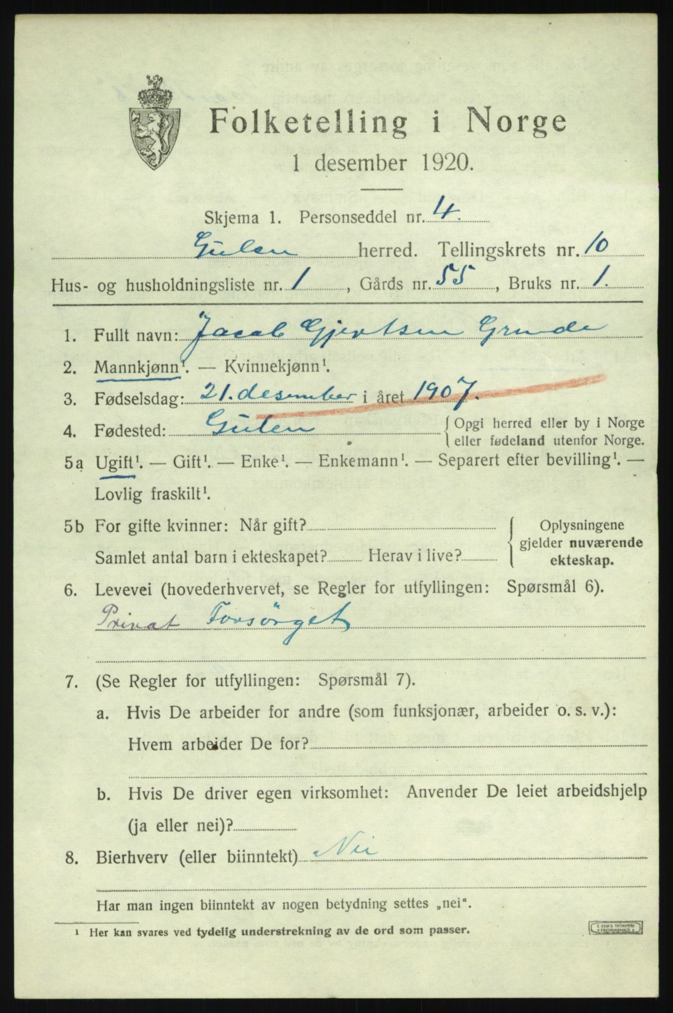 SAB, 1920 census for Gulen, 1920, p. 4557